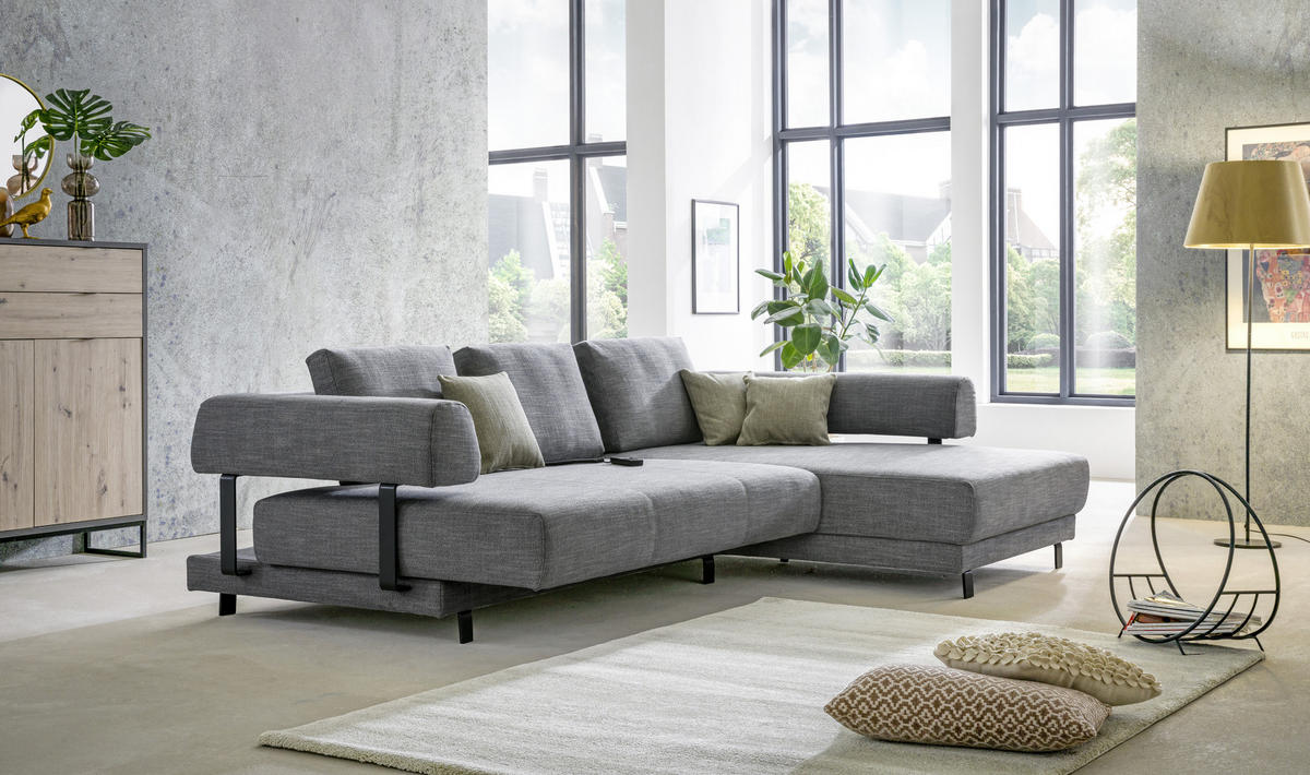 ECKSOFA Grau Flachgewebe  - Schwarz/Grau, Design, Textil/Metall (279/202cm)