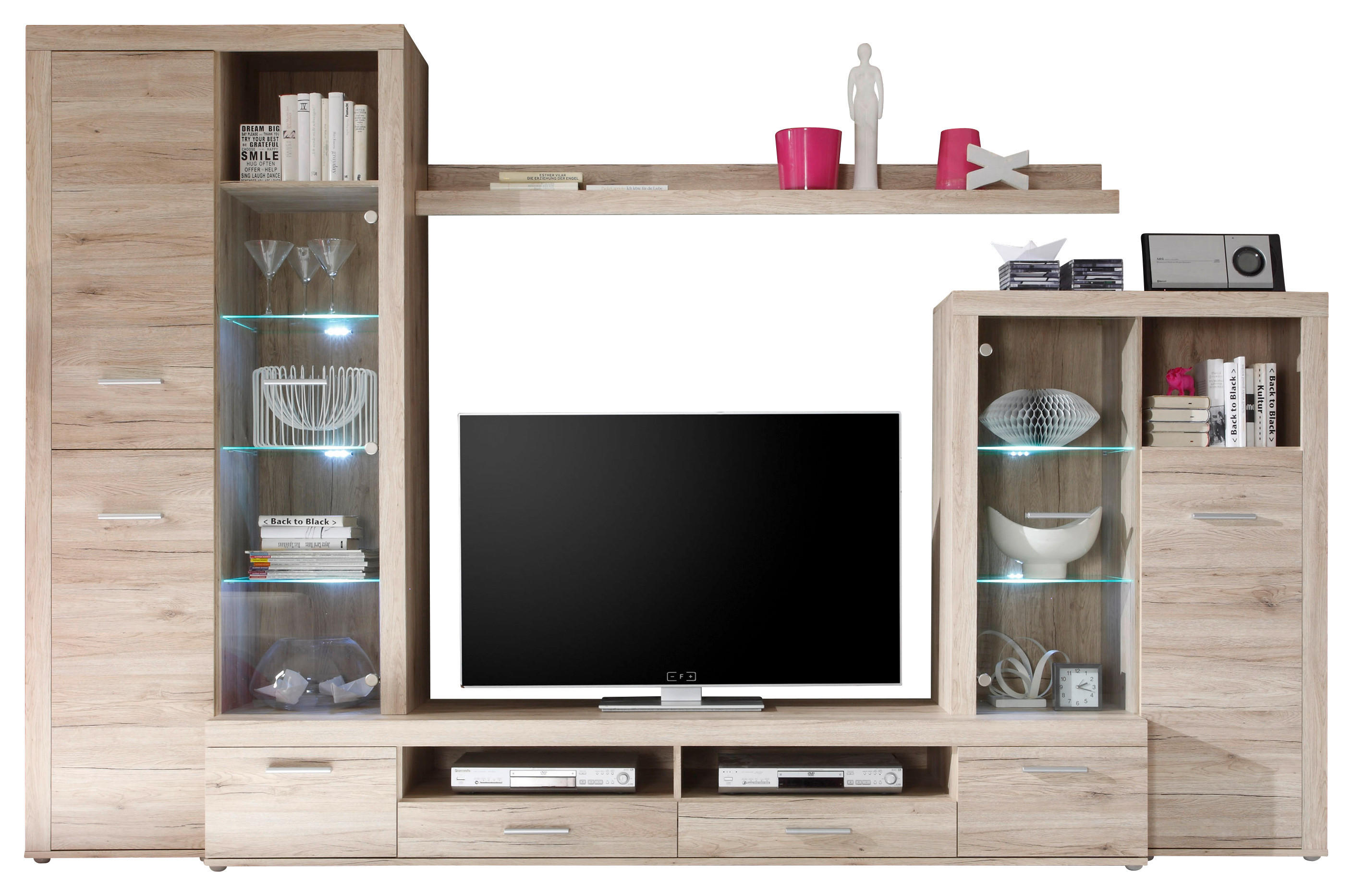 REGAL ZA DNEVNI BORAVAK boje hrasta   - srebrne boje/boje hrasta, Design, staklo/drvni materijal (310/204/46cm) - Livetastic