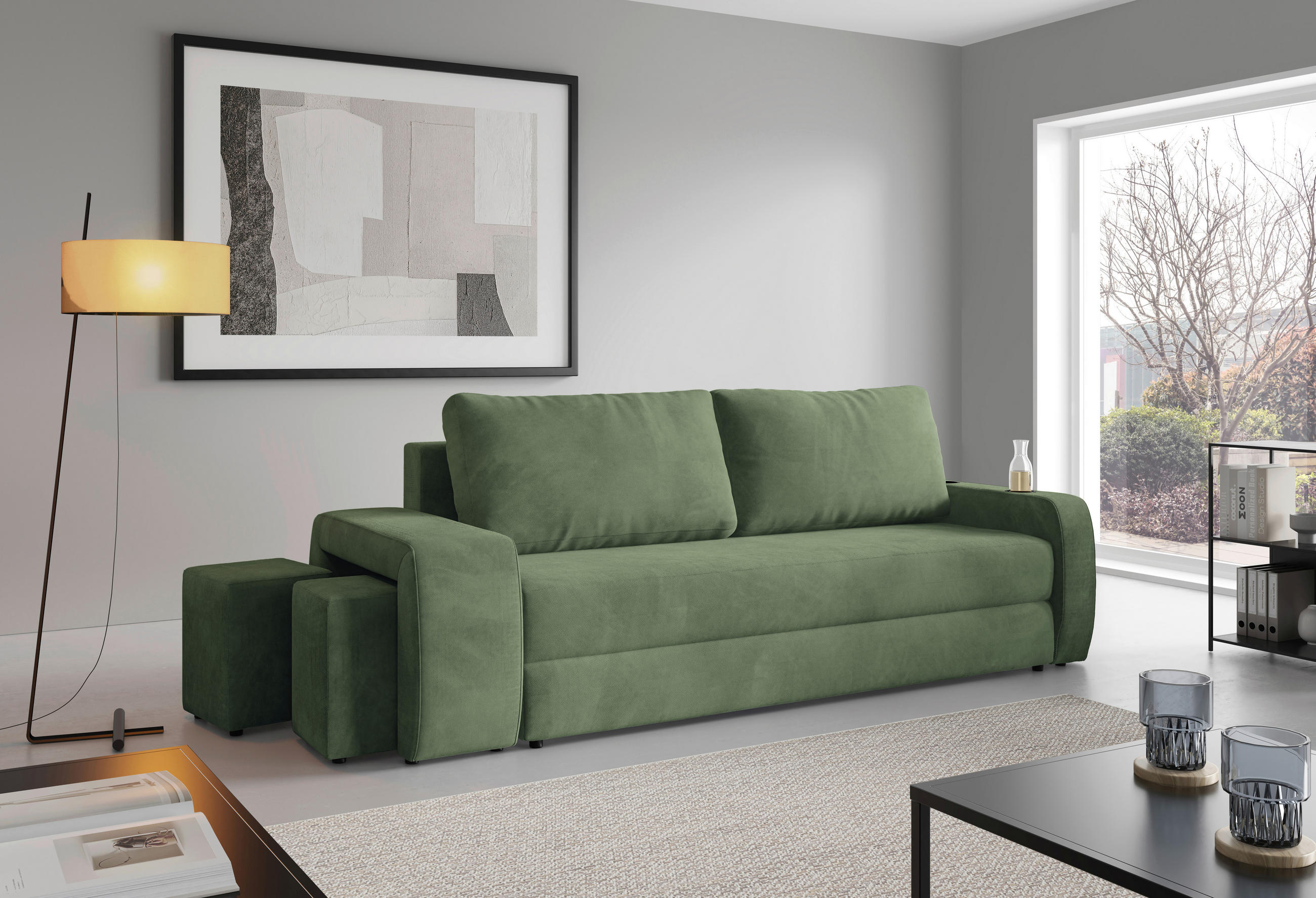 SCHLAFSOFA INES in Plüsch Grün  - Schwarz/Grün, Design, Kunststoff/Textil (258/98/95cm) - Livetastic