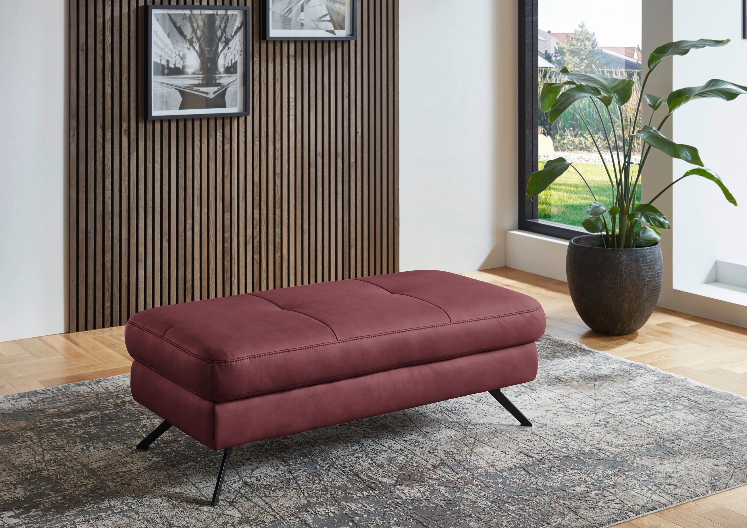HOCKER in Textil Bordeaux  - Bordeaux/Schwarz, Design, Textil/Metall (130/47/65cm) - Beldomo System