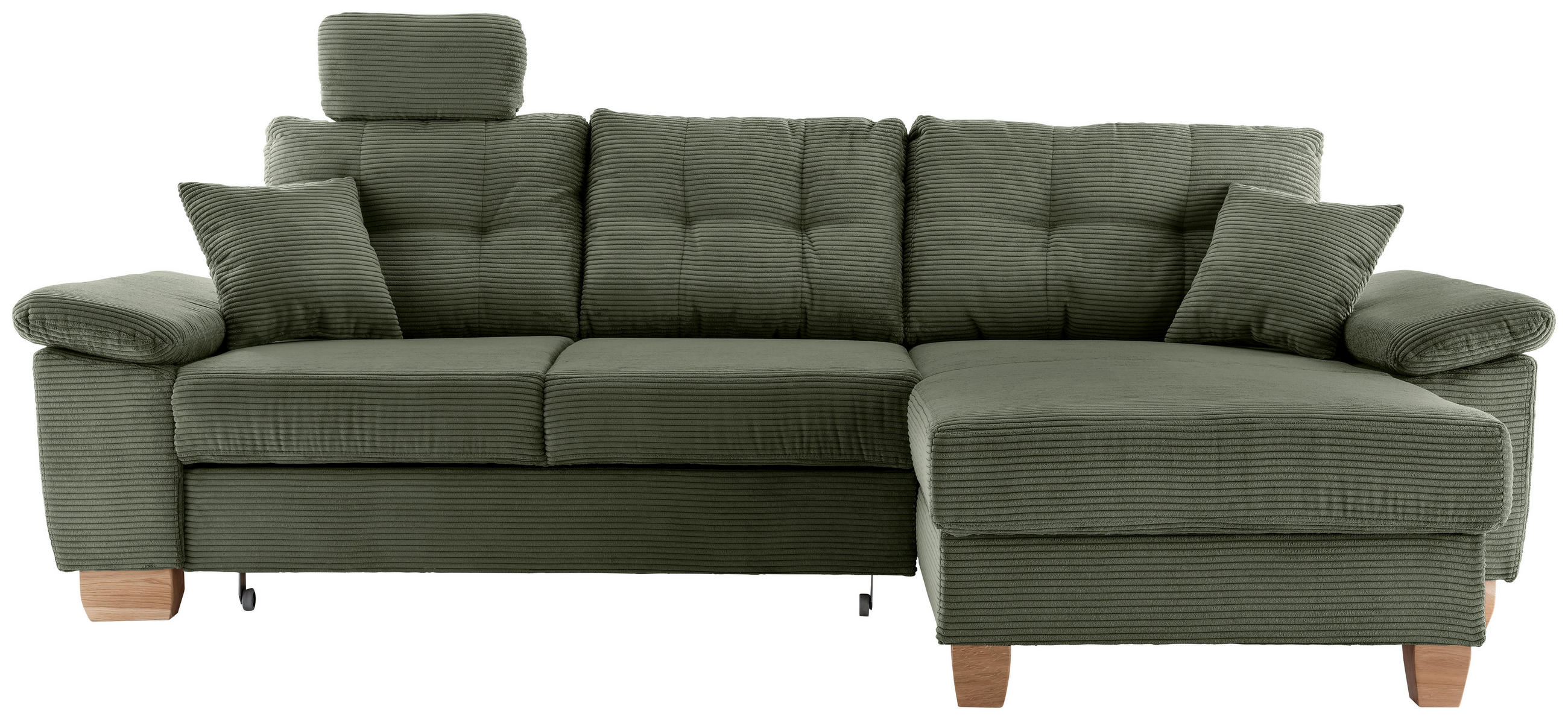ECKSOFA Dunkelgrün Cord Bettkasten, Schlaffunktion, Sitztiefenverstellung, Kopfstütze, Liegefläche im Originalstoff  - Dunkelgrün/Naturfarben, MODERN, Holz/Textil (270/176cm) - Livetastic