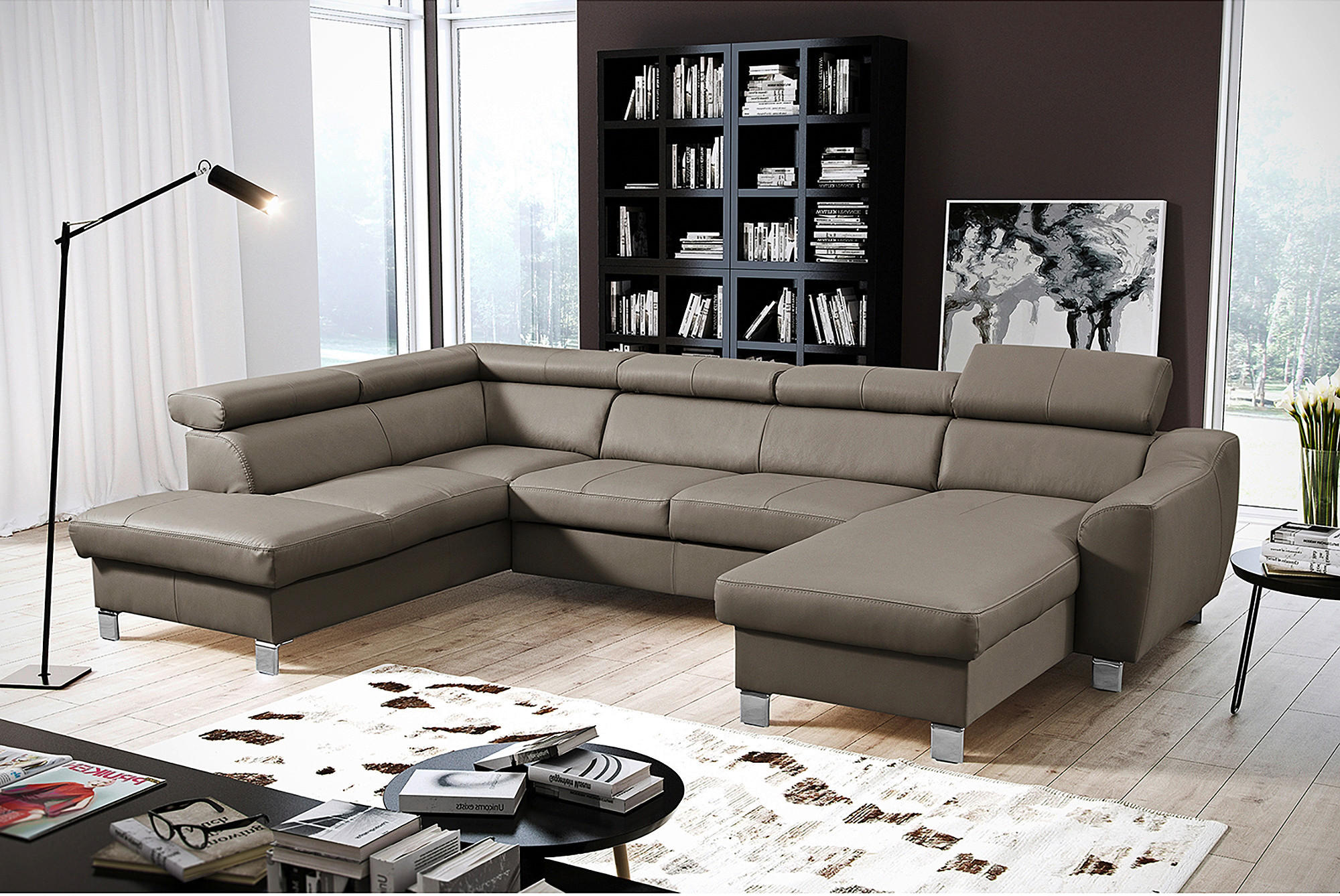 WOHNLANDSCHAFT in Lederlook Echtleder Taupe  - Taupe/Chromfarben, Design, Leder/Textil (208/315/175cm) - Livetastic
