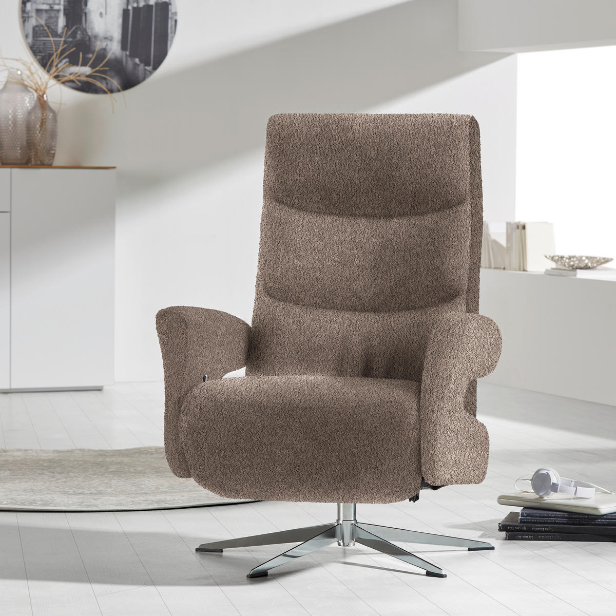RELAXSESSEL Teddystoff Relaxfunktion, Fußteilverstellung    - Chromfarben/Hellbraun, Design, Textil/Metall (75/106/89cm) - Welnova