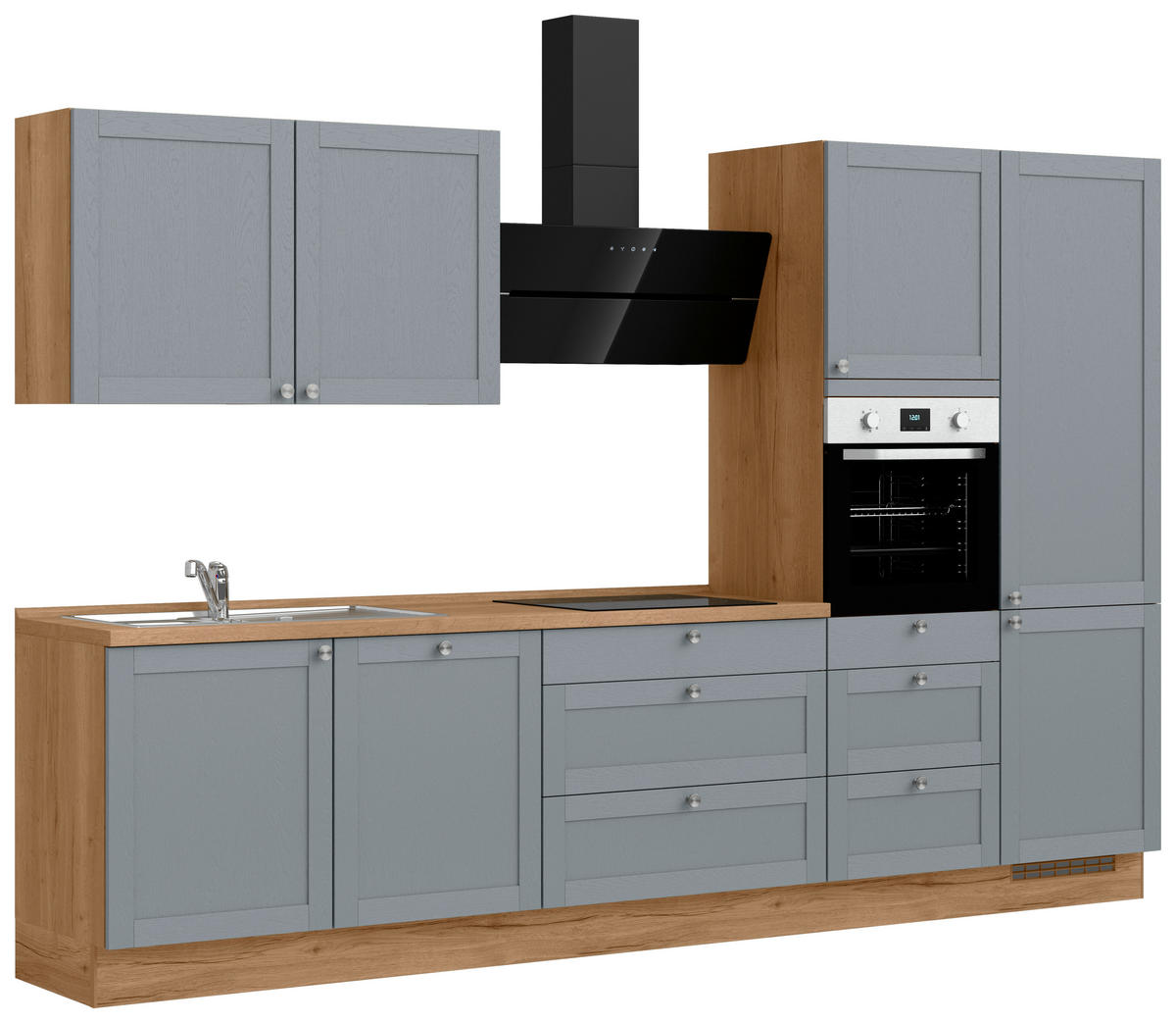 KÜCHENBLOCK Frame 330 cm  in Eichefarben, Blaugrau  - Edelstahlfarben/Eichefarben, MODERN, Holzwerkstoff/Metall (330cm) - Nobilia