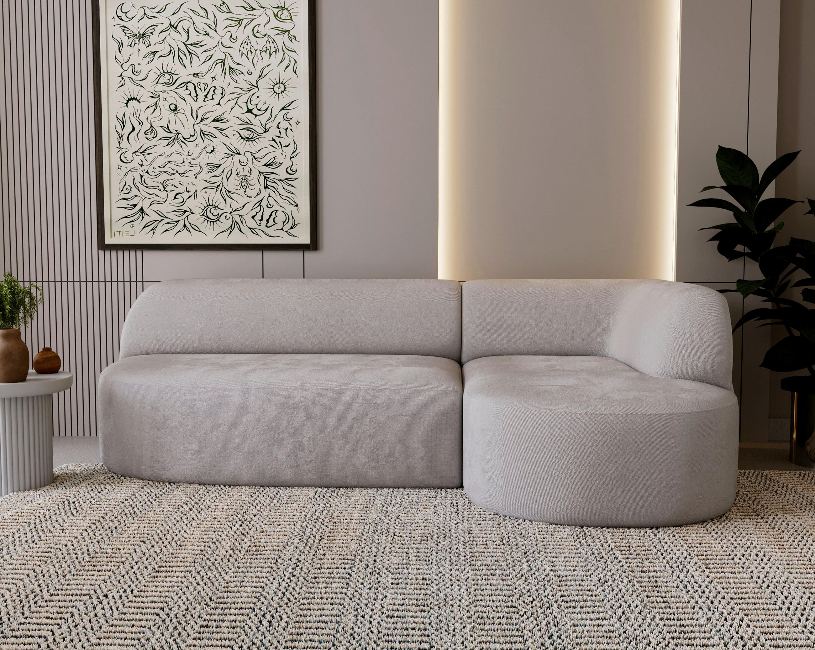 ECKSOFA Chenille Hellgrau  - Hellgrau/Schwarz, Design, Kunststoff/Textil (218/156cm) - Livetastic