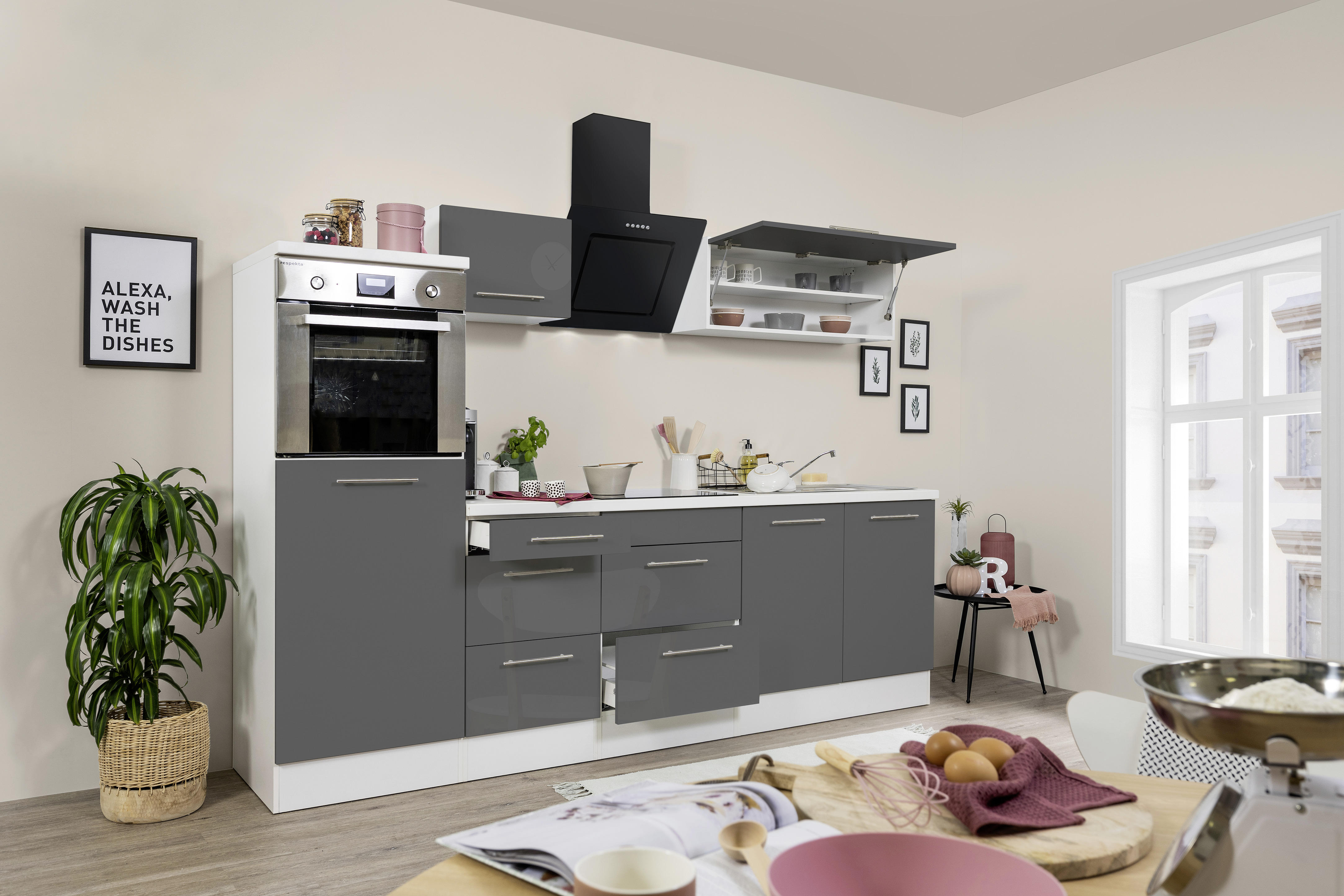 KÜCHENBLOCK 270 cm Grau, Weiß E-Geräte, Spüle, Soft-Close-System, Ab- und Überlaufgarnitur, Herdanschlusskabel - Edelstahlfarben/Weiß, KONVENTIONELL, Metall (270cm) - Respekta