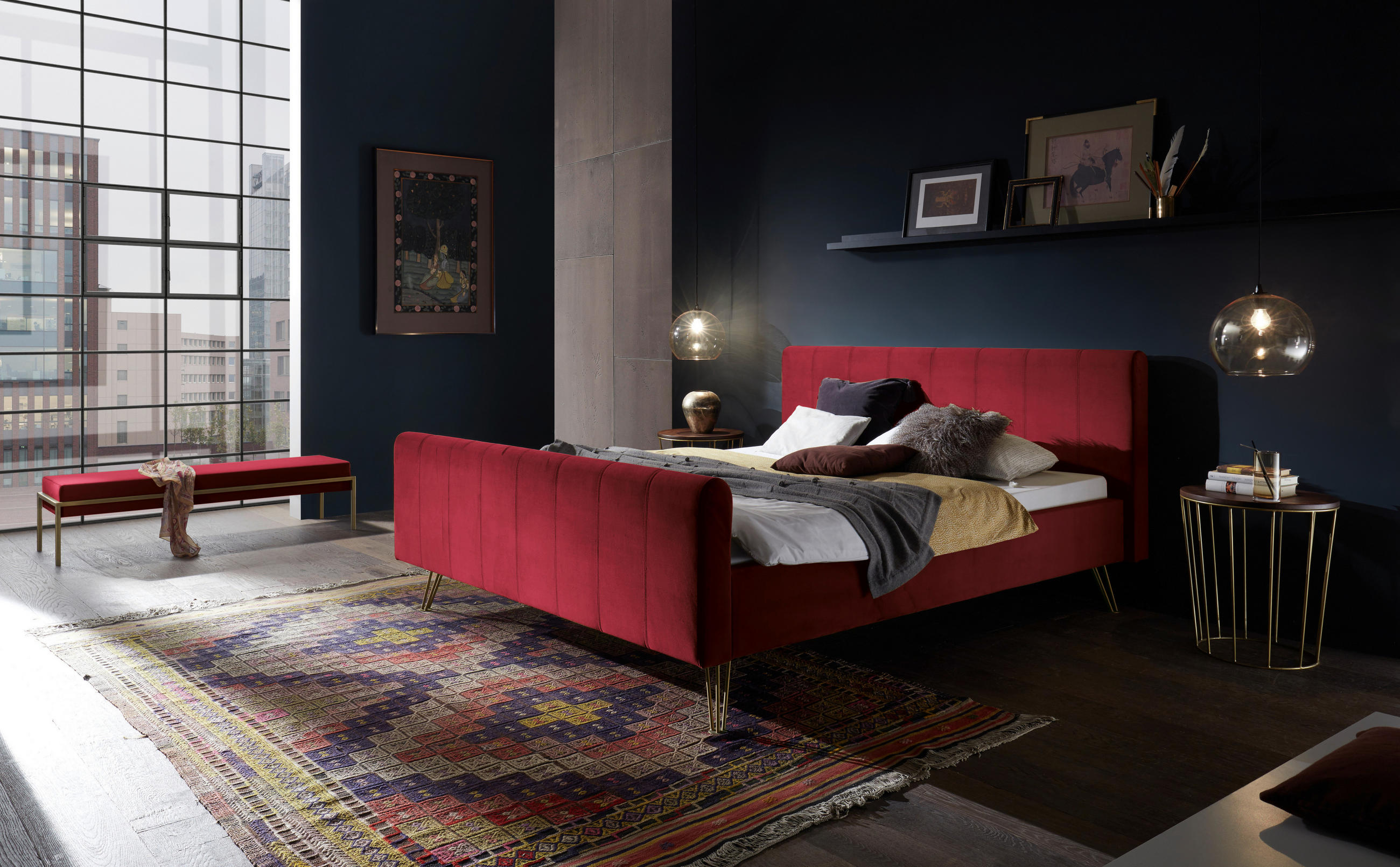 BETTBANK 144/38/44 cm   - Weinrot/Bronzefarben, Design, Textil/Metall (144/38/44cm) - Hasena