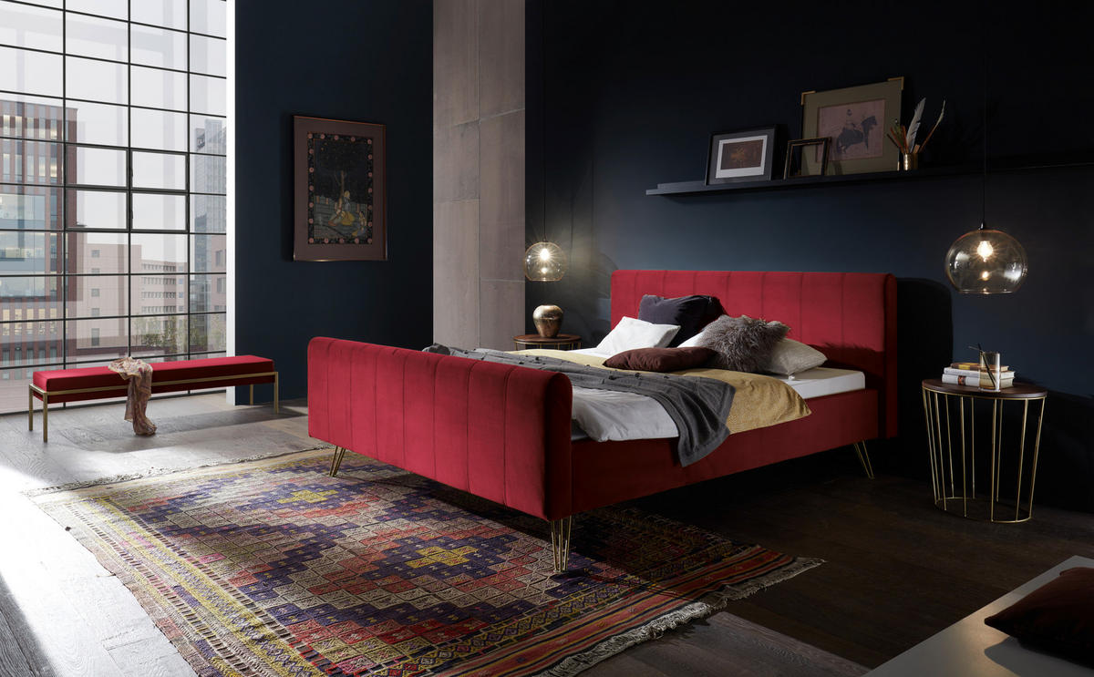 BETTBANK 144/38/44 cm   - Weinrot/Bronzefarben, Design, Textil/Metall (144/38/44cm) - Hasena
