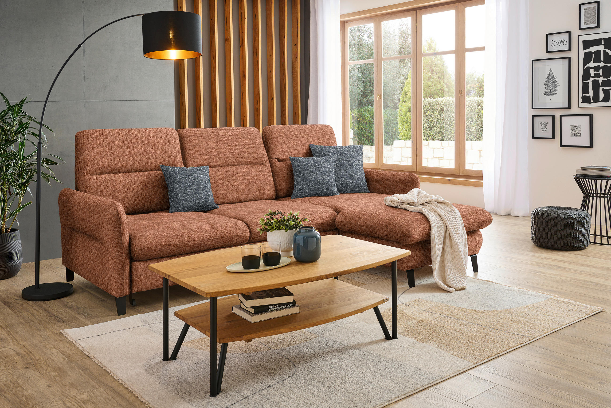 ECKSOFA Cognac Plüsch  - Cognac/Schwarz, KONVENTIONELL, Textil/Metall (254/190cm) - Livetastic