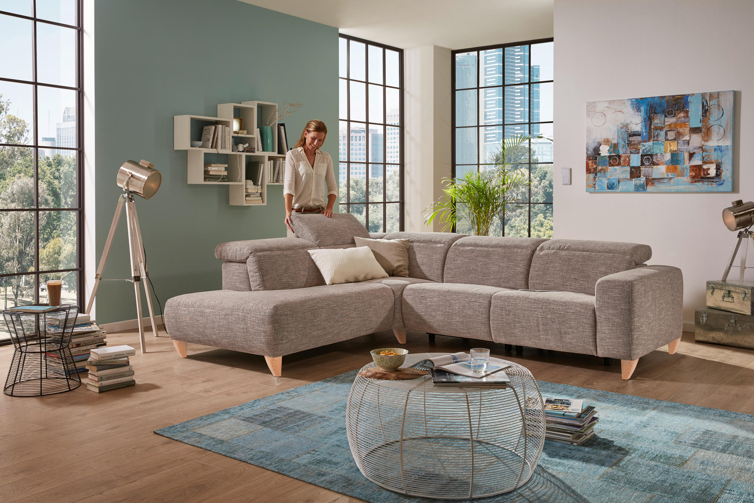 SEDEŽNA GARNITURA, siva  - siva/naravne barve, Design, tekstil/les - Pure Home Lifestyle