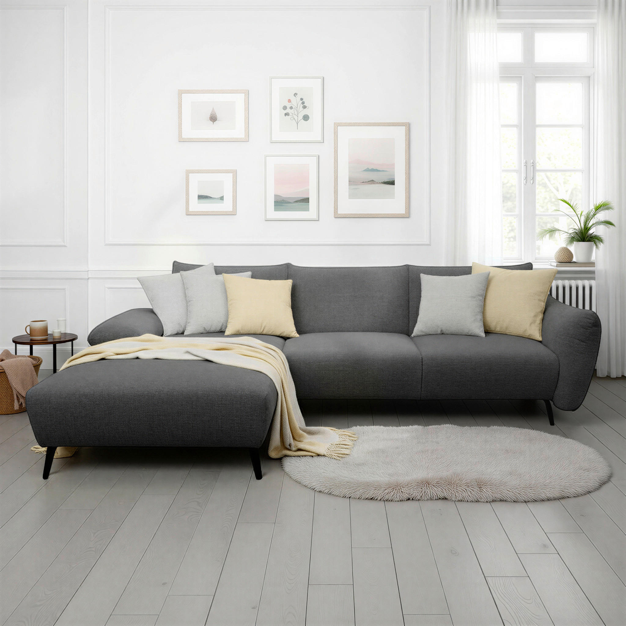 ECKSOFA 200 030 Grau Chenille  - Beige/Schwarz, MODERN, Textil/Metall (155/274cm) - Livetastic