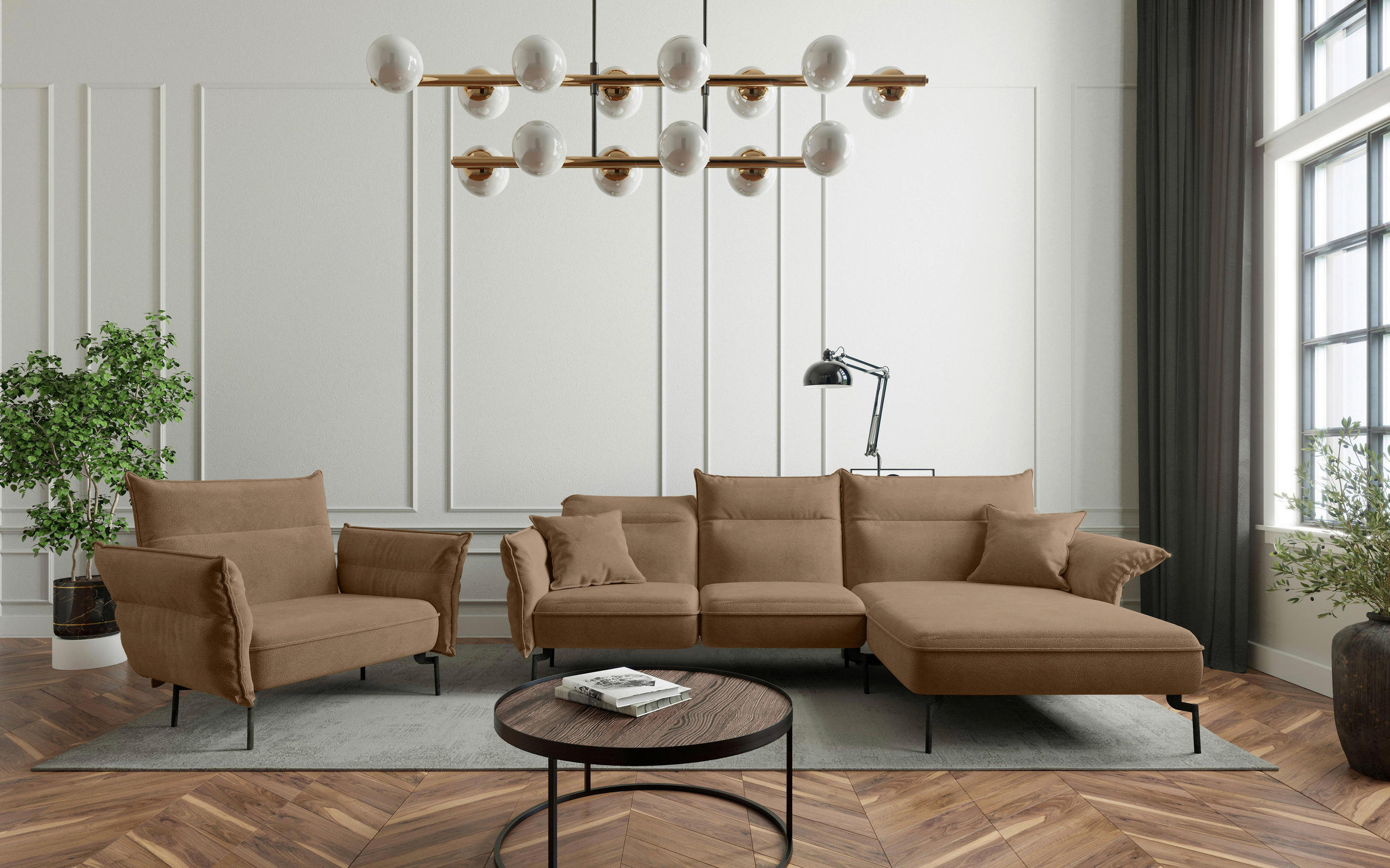 SITZGARNITUR in Flachgewebe Hellbraun  - Hellbraun/Edelstahlfarben, Design, Textil/Metall (265/185cm) - Livetastic