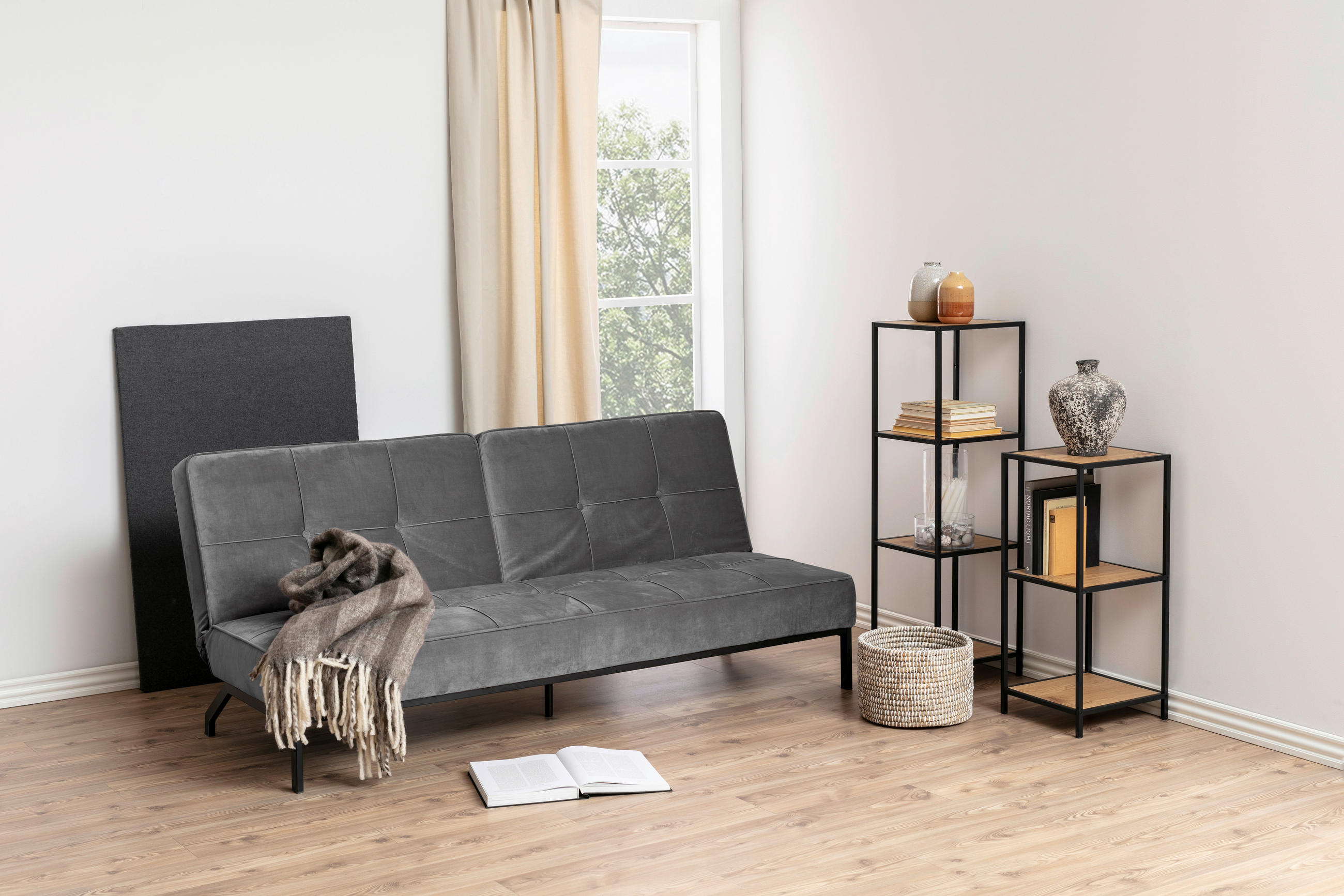 SCHLAFSOFA in Samt Dunkelgrau  - Dunkelgrau/Schwarz, Trend, Textil/Metall (198/87/95cm) - MID.YOU