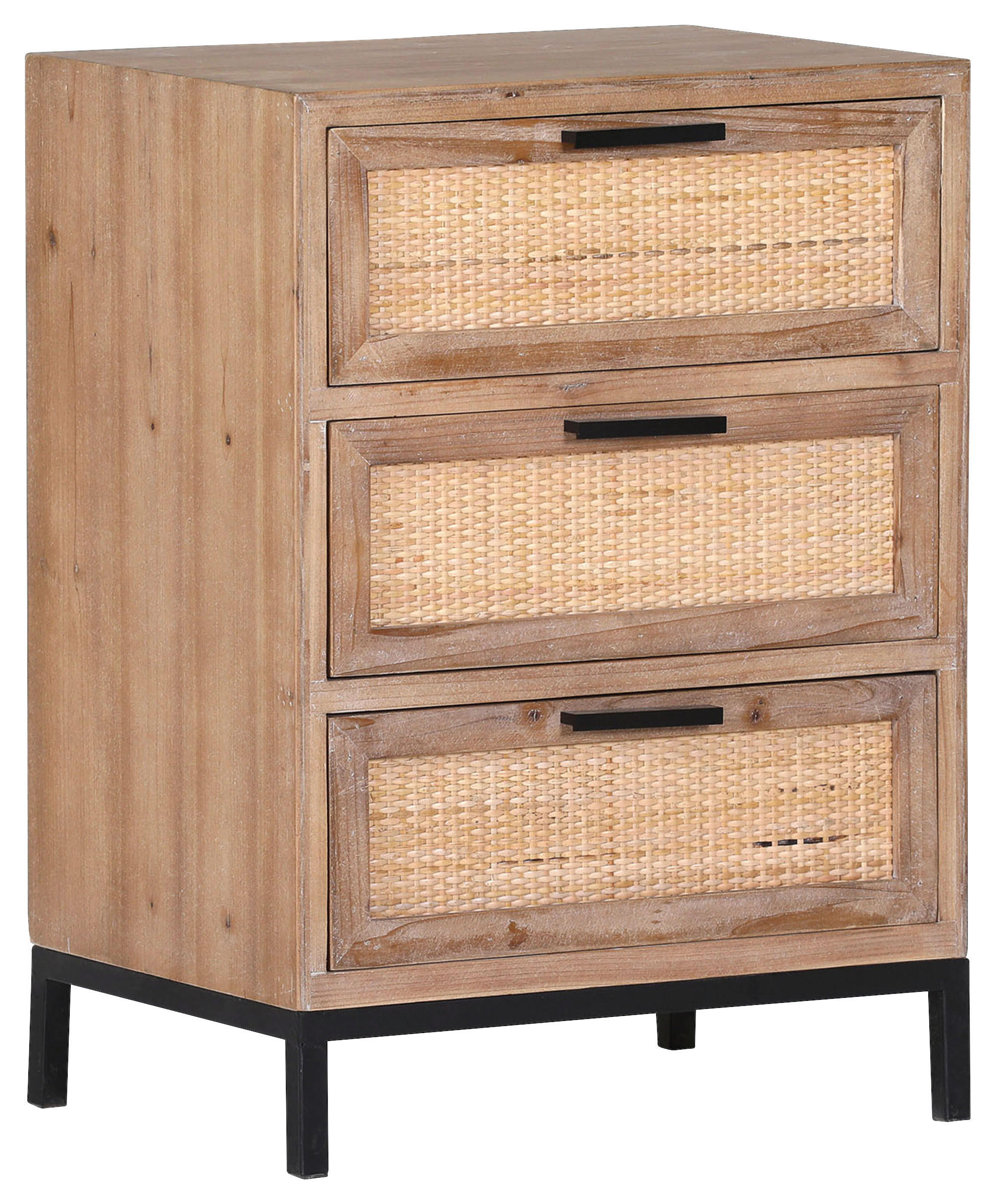 KOMMODE Rattan, Tanne massiv Graubraun - Graubraun/Schwarz, Trend, Holz/Metall (48/66/37cm) - Livetastic