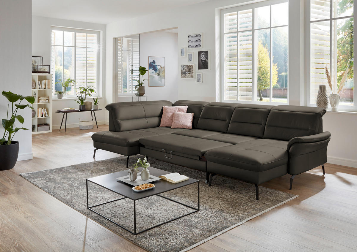 WOHNLANDSCHAFT in Echtleder Graubraun  - Graubraun/Schwarz, Design, Leder/Metall (206/336/181cm) - Beldomo Speed