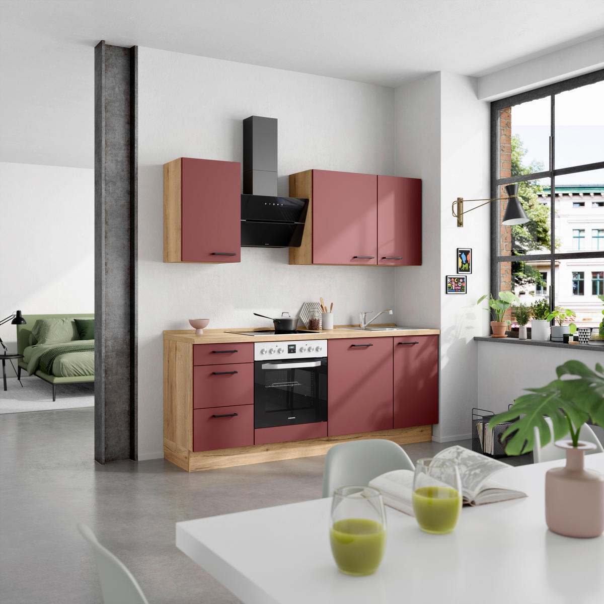 KÜCHENLEERBLOCK 210 cm   in Rot, Eichefarben  - Eichefarben/Rot, MODERN, Holzwerkstoff/Metall (210cm) - Nobilia