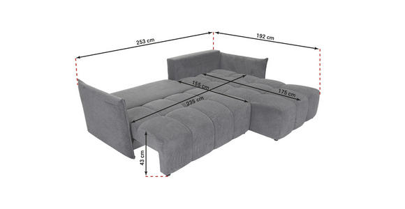 ECKSOFA Grau Plüsch Zierkissen, Rückenkissen, Bettkasten, Schlaffunktion, Rücken echt, Liegefläche im Originalstoff  - Schwarz/Grau, KONVENTIONELL, Kunststoff/Textil (253/192cm) - Carryhome