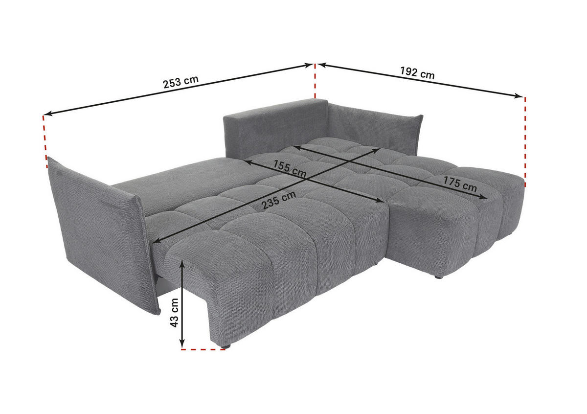 ECKSOFA Grau Plüsch Zierkissen, Rückenkissen, Bettkasten, Schlaffunktion, Rücken echt, Liegefläche im Originalstoff  - Schwarz/Grau, KONVENTIONELL, Kunststoff/Textil (253/192cm) - Carryhome