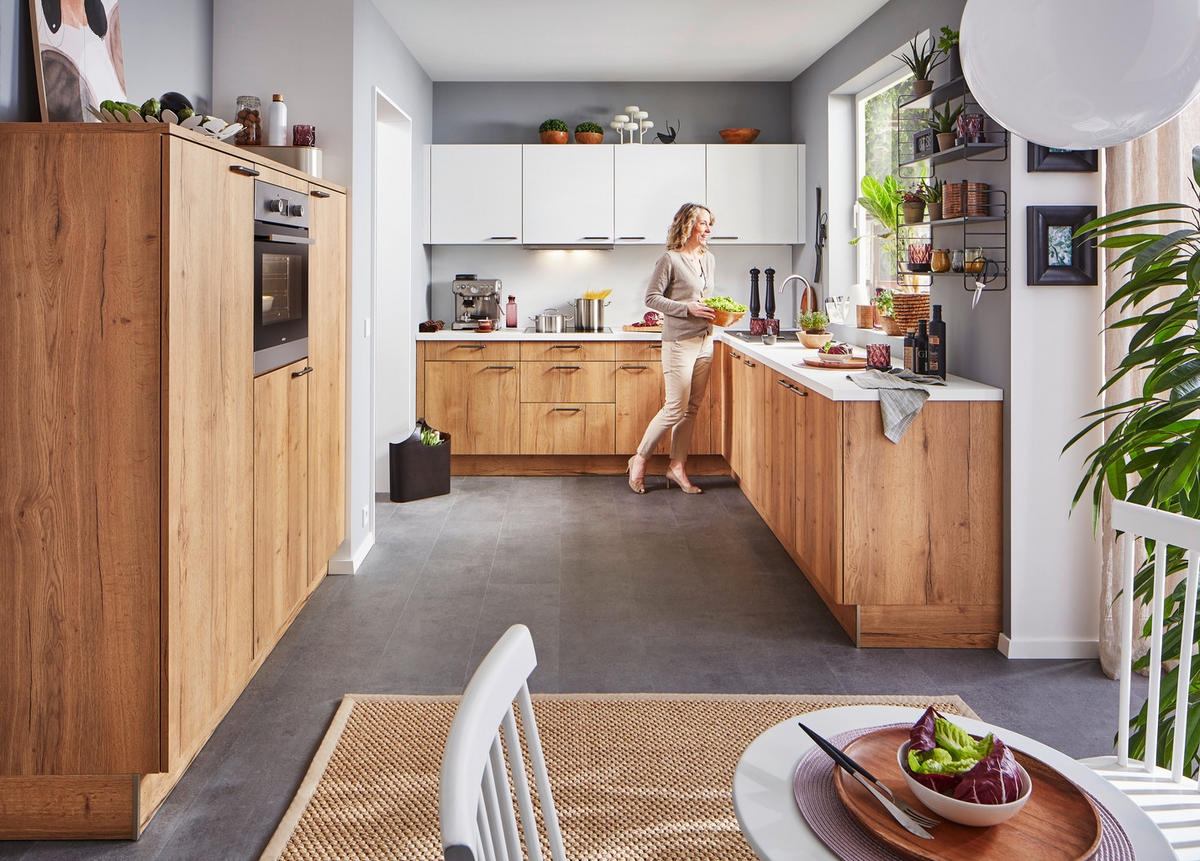 EINBAUKÜCHE TORONTO  - Eichefarben/Weiß, Design, Holzwerkstoff/Metall - Moderano