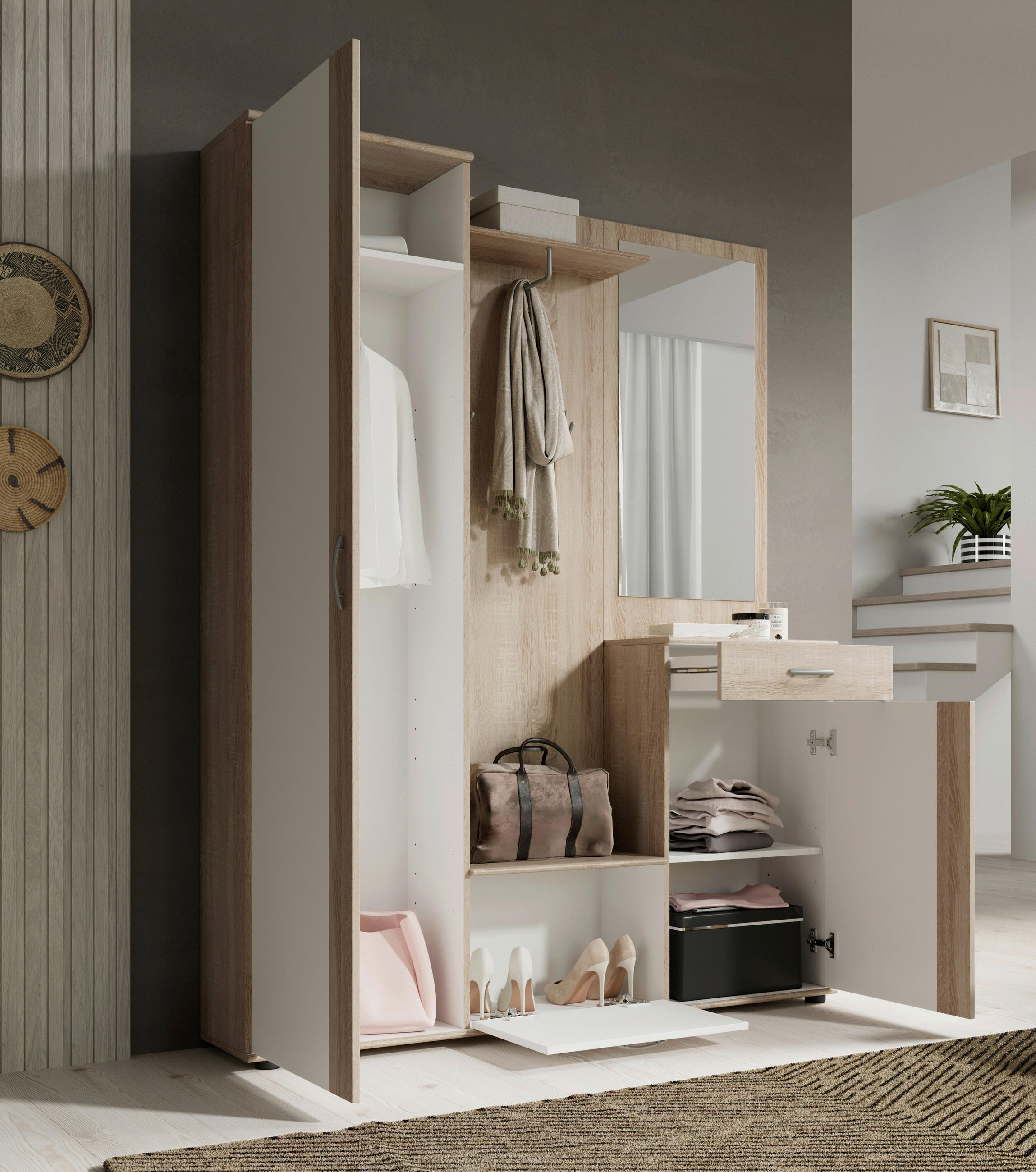 HALLMÖBEL 6 delar  i 145/188/30 cm  - vit/Sonoma ek, Klassisk, trämaterial (145/188/30cm) - Best Price