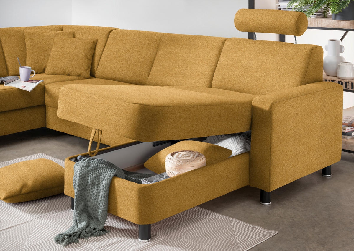 WOHNLANDSCHAFT in Webstoff Honig  - Schwarz/Honig, Design, Holz/Textil (198/296/165cm) - Xora