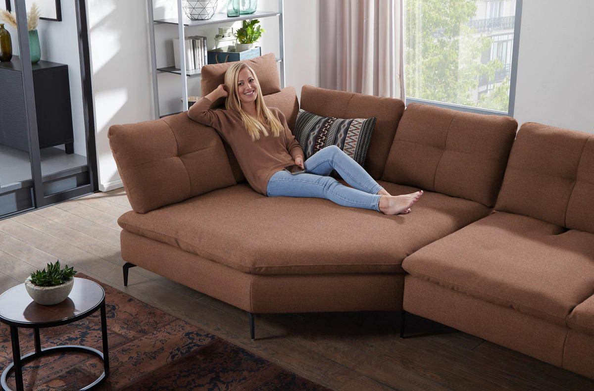 ECKSOFA in Flachgewebe Braun  157/344 cm  - Schwarz/Braun, Design, Textil/Metall (157/344cm) - Chilliano