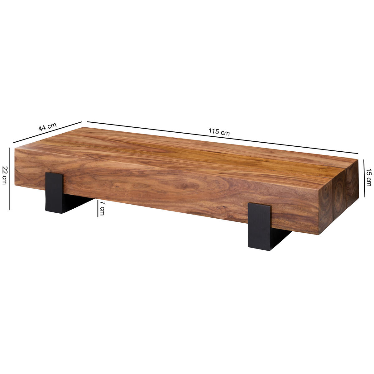 COUCHTISCH Sheesham massiv 115/44/22 cm rechteckig Sheeshamfarben  - Sheeshamfarben/Schwarz, Design, Holz/Metall (115/44/22cm) - MID.YOU