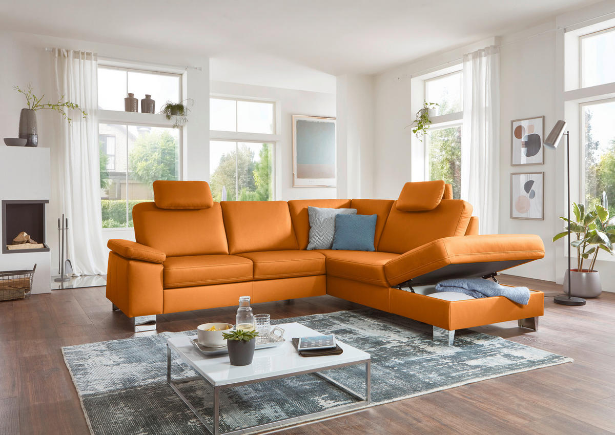 ECKSOFA  in Echtleder Currygelb  248/235 cm  - Currygelb/Alufarben, Design, Leder/Metall (248/235cm) - Beldomo Premium