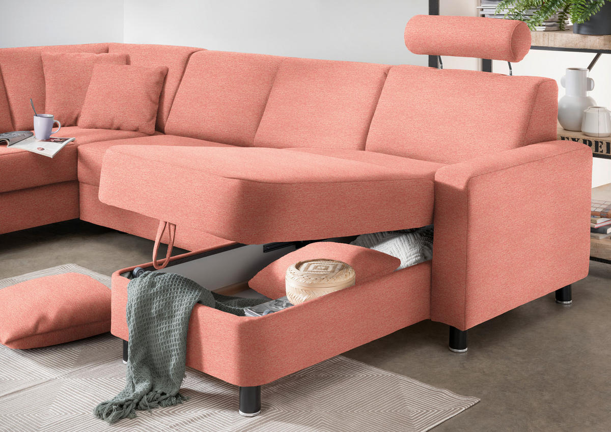 WOHNLANDSCHAFT in Webstoff Koralle  - Koralle/Schwarz, Design, Holz/Textil (198/296/165cm) - Xora