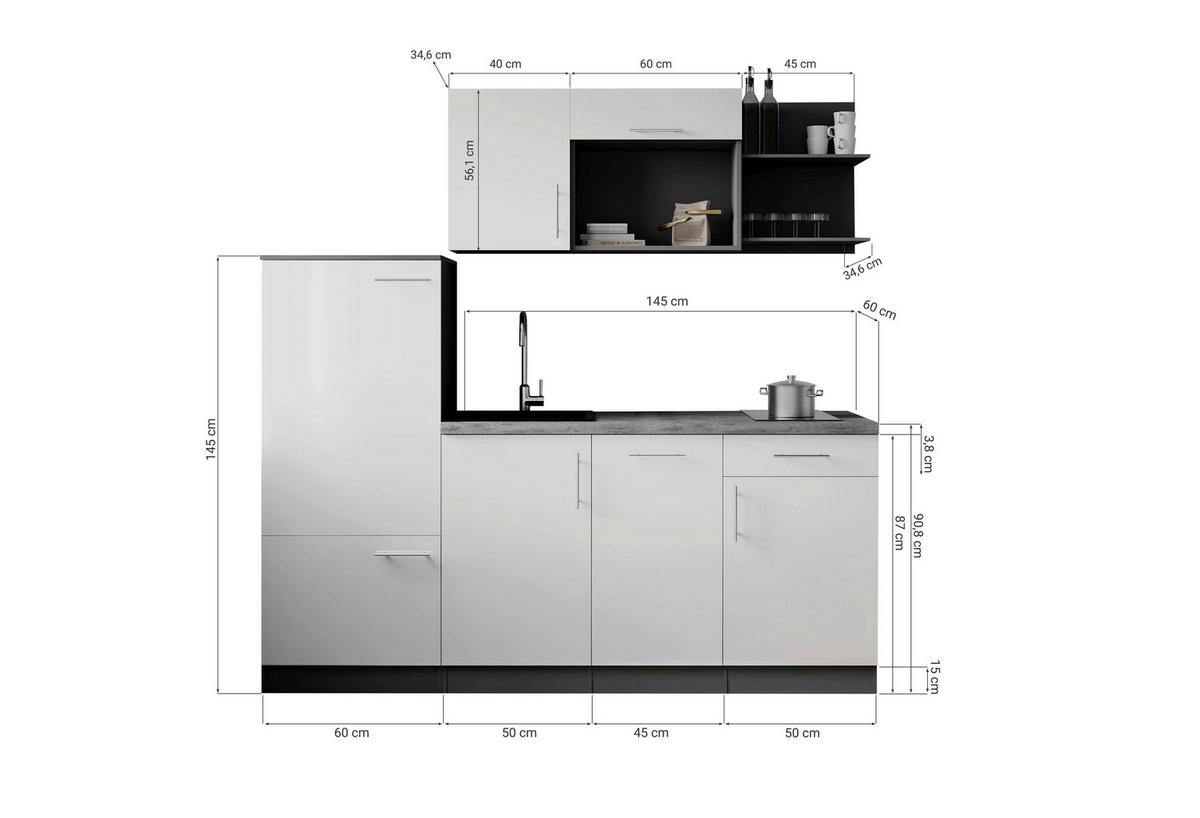 MODULKÖK 205 cm   i grå, ek Artisan  - grå/ek Artisan, Trend, metall/trämaterial (205cm) - Respekta