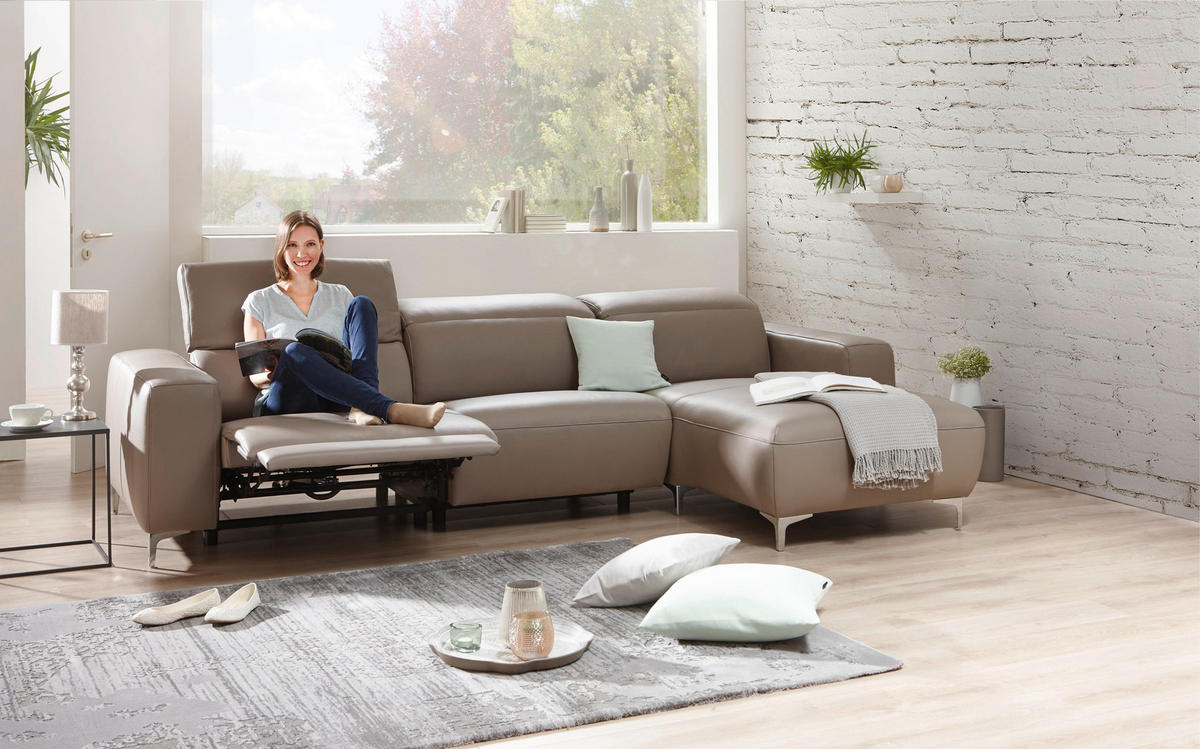 ECKSOFA Taupe Echtleder  - Taupe/Chromfarben, Design, Leder/Metall (292/177cm) - Pure Home Lifestyle