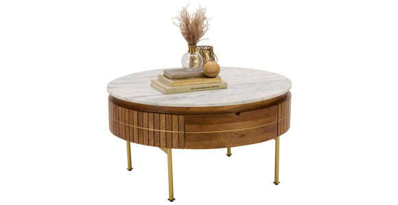 COUCHTISCH Marmor Mangoholz massiv 85/45/85 cm rund Naturfarben, Goldfarben - Goldfarben/Naturfarben, Design, Holz/Stein (85/45/85cm) - Novel
