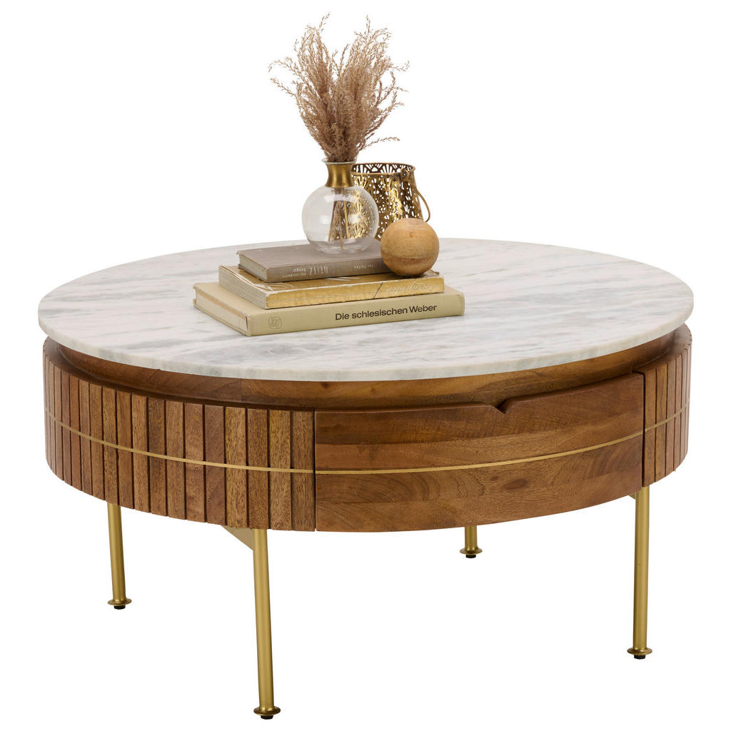 Thumbnail - Novel Couchtisch, Natur, Gold, Holz, Mangoholz, massiv, Holz, 1 Schubladen, rund, rund, 45x85x85 cm, Stauraum, Wohnzimme...