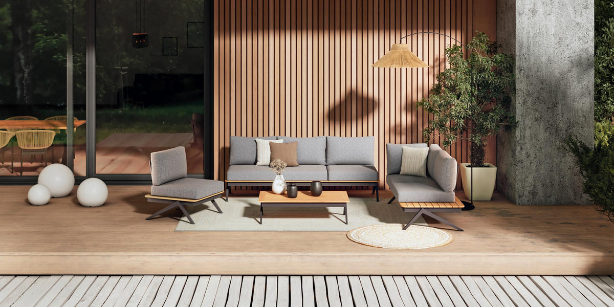 LOUNGEGARNITUR 286/166 cm Teakholz massiv Aluminium  - Anthrazit/Naturfarben, MODERN, Holz/Textil (286/166cm) - Amatio