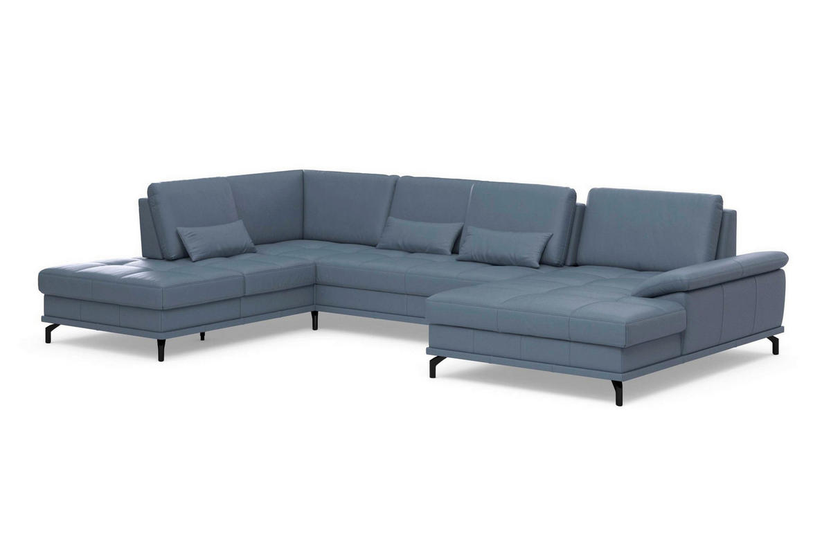 SEDACÍ SOUPRAVA, kůže, šedomodrá - šedomodrá/černá, Basics, kov/textil (223/363/176cm) - Sit & More