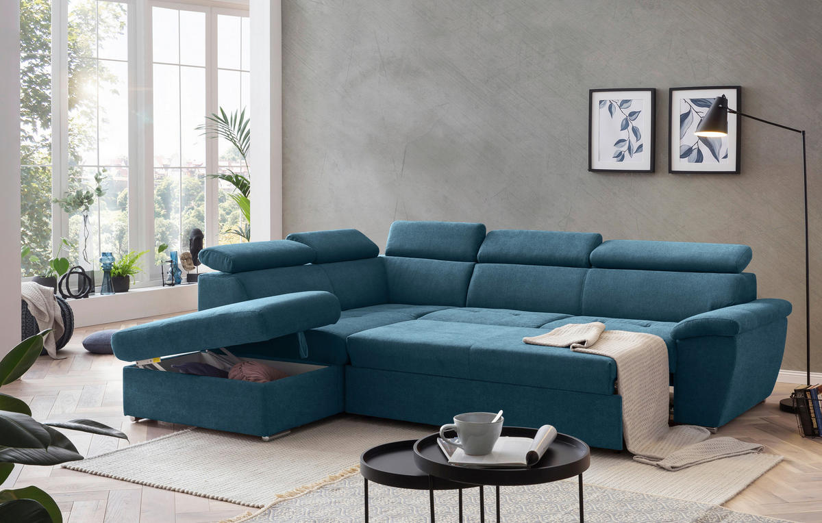 ECKSOFA Hellblau Chenille  - Chromfarben/Schwarz, Design, Textil/Metall (216/262cm) - Livetastic