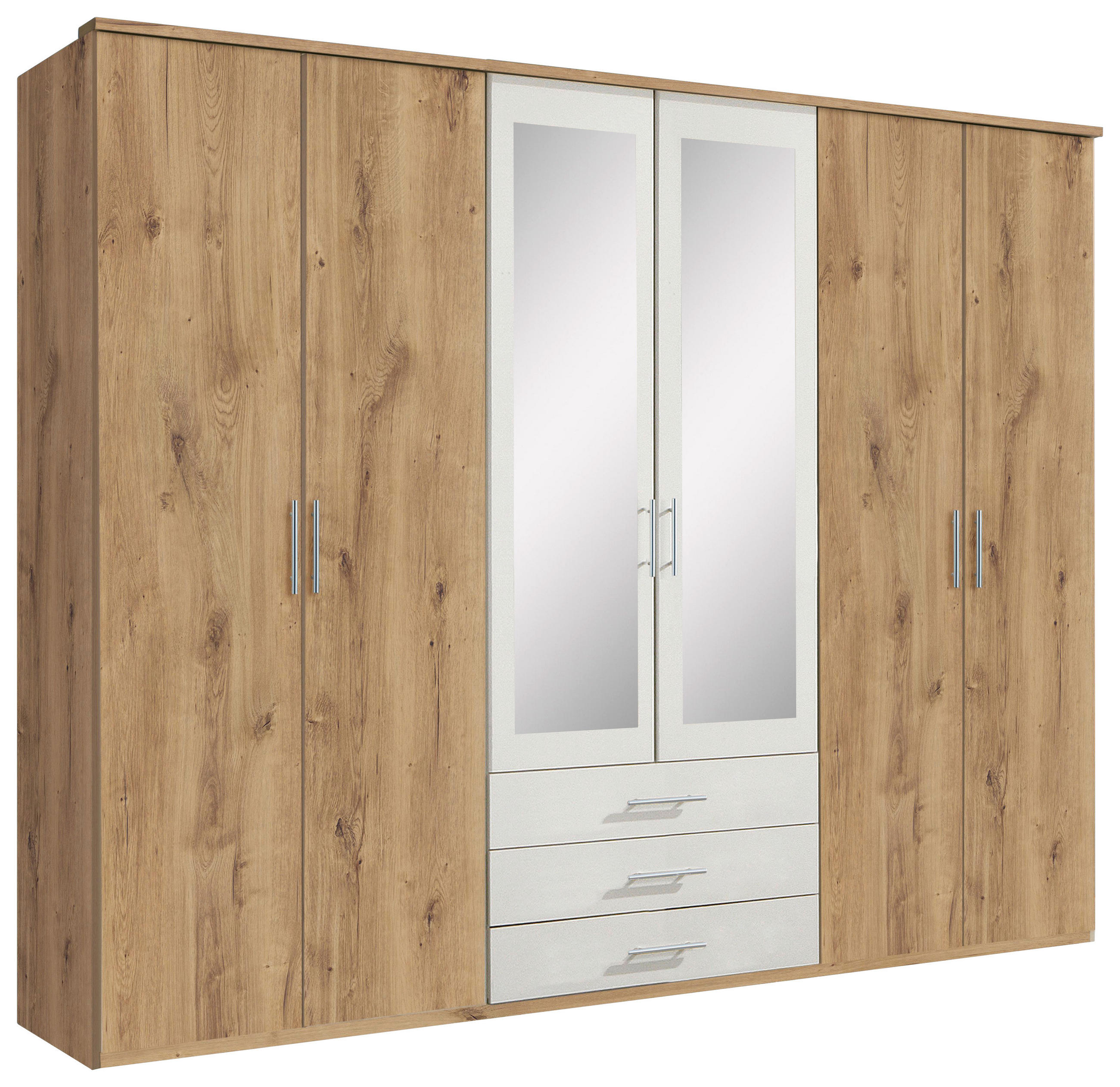 DREHTÜRENSCHRANK 270/210/58 cm 6-türig Weiß, Eichefarben  - Eichefarben/Alufarben, KONVENTIONELL, Glas/Holzwerkstoff (270/210/58cm) - MID.YOU