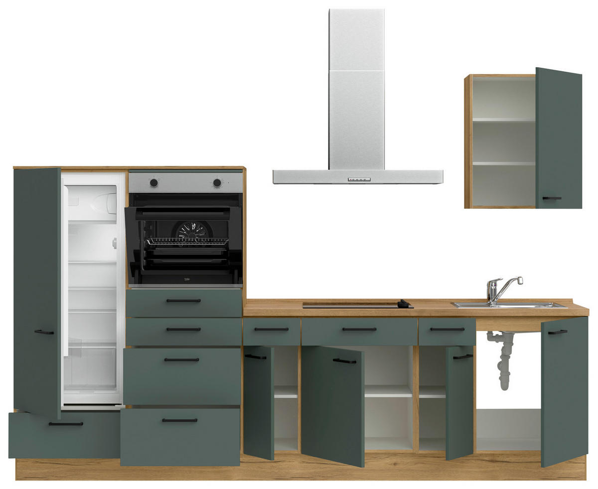 KÜCHENBLOCK Easytouch 300 cm  in Eichefarben, Dunkelgrün  - Dunkelgrün/Eichefarben, MODERN, Holzwerkstoff/Metall (300cm) - Nobilia