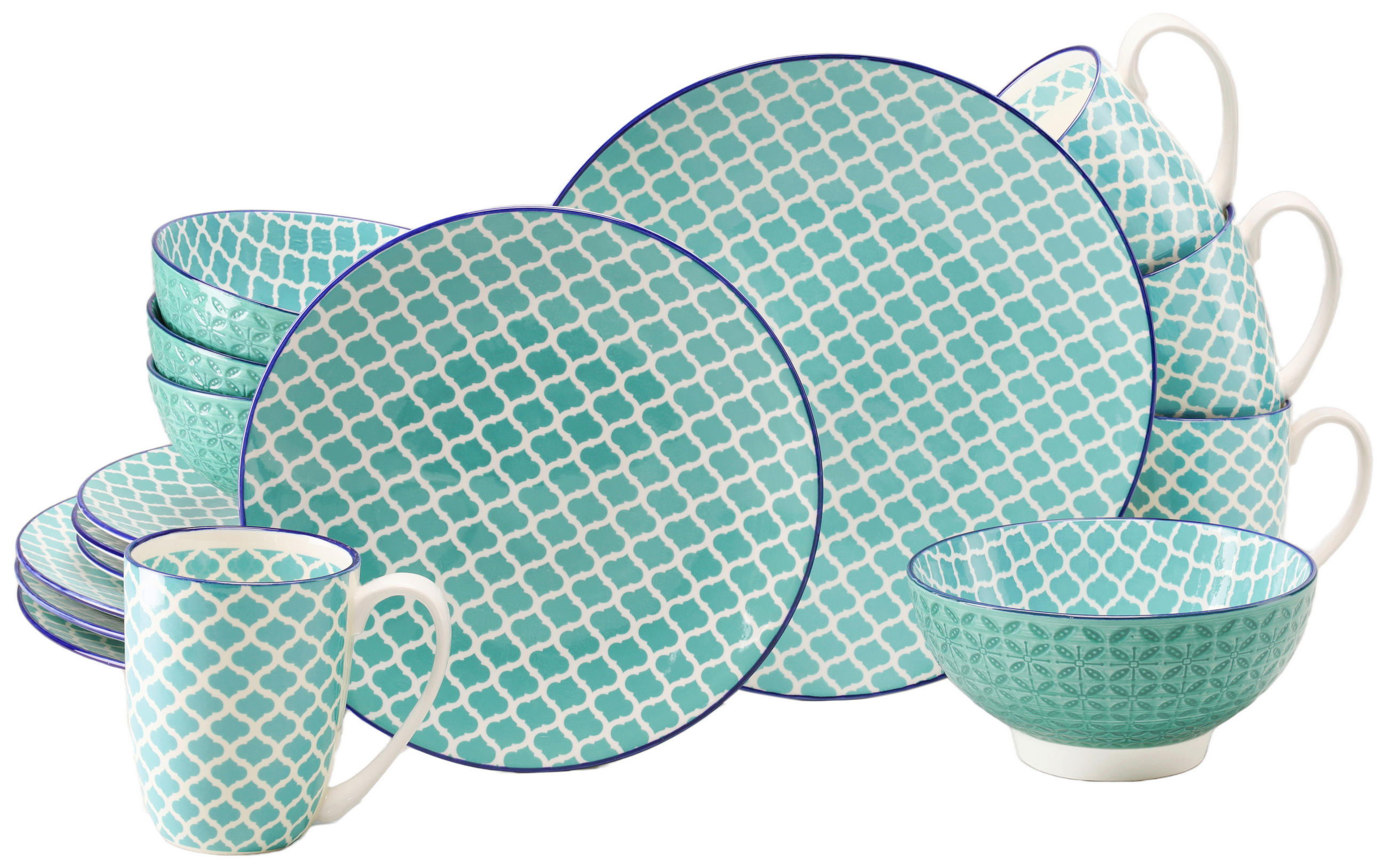 KOMBISERVICE Weiß, Petrol Mediterran Petrol 16-teilig 4 Personen  - Petrol/Weiß, Basics, Keramik - Creatable