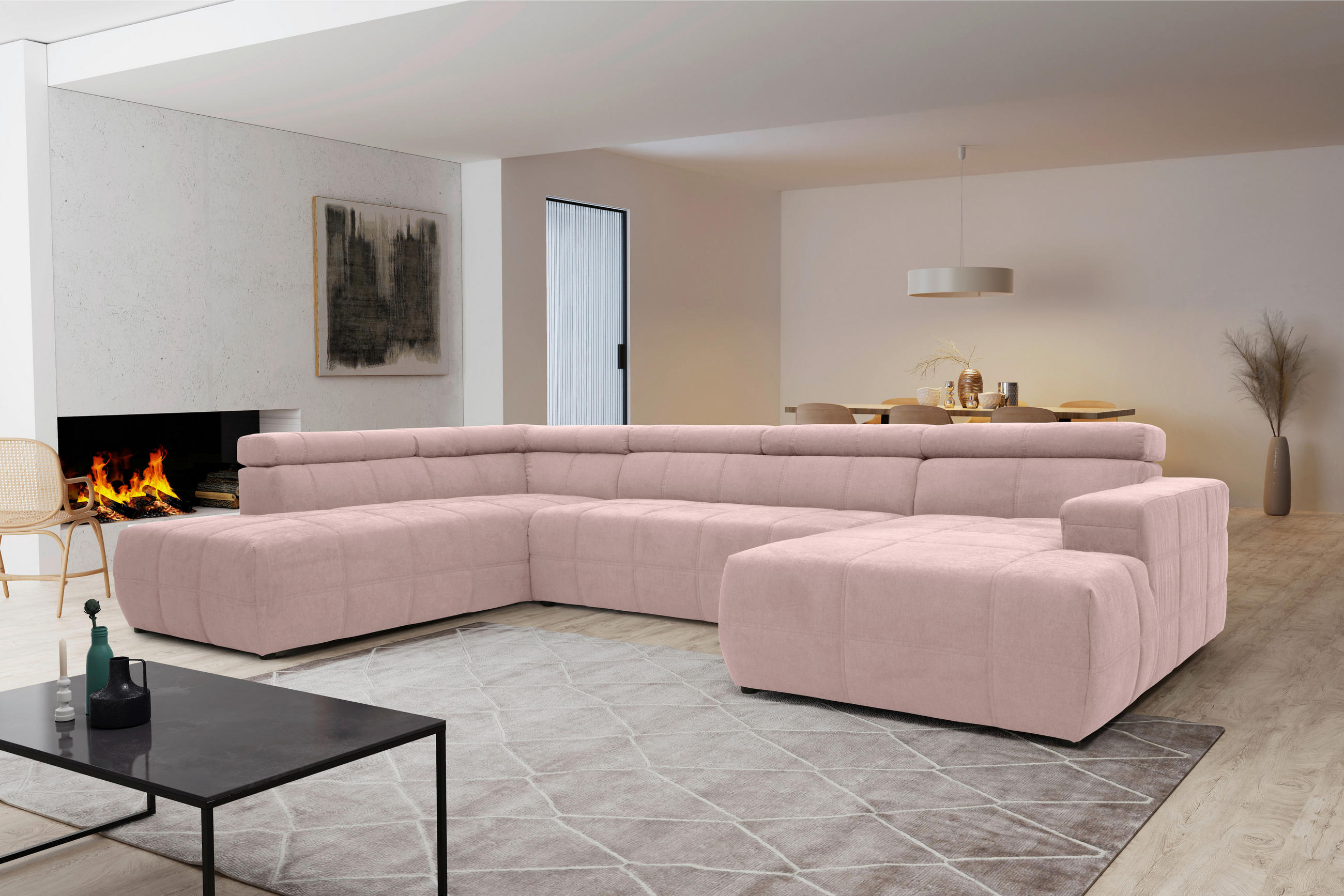 WOHNLANDSCHAFT Rosa Mikrofaser - Schwarz/Rosa, Design, Kunststoff/Textil (228/359/175cm) - MID.YOU