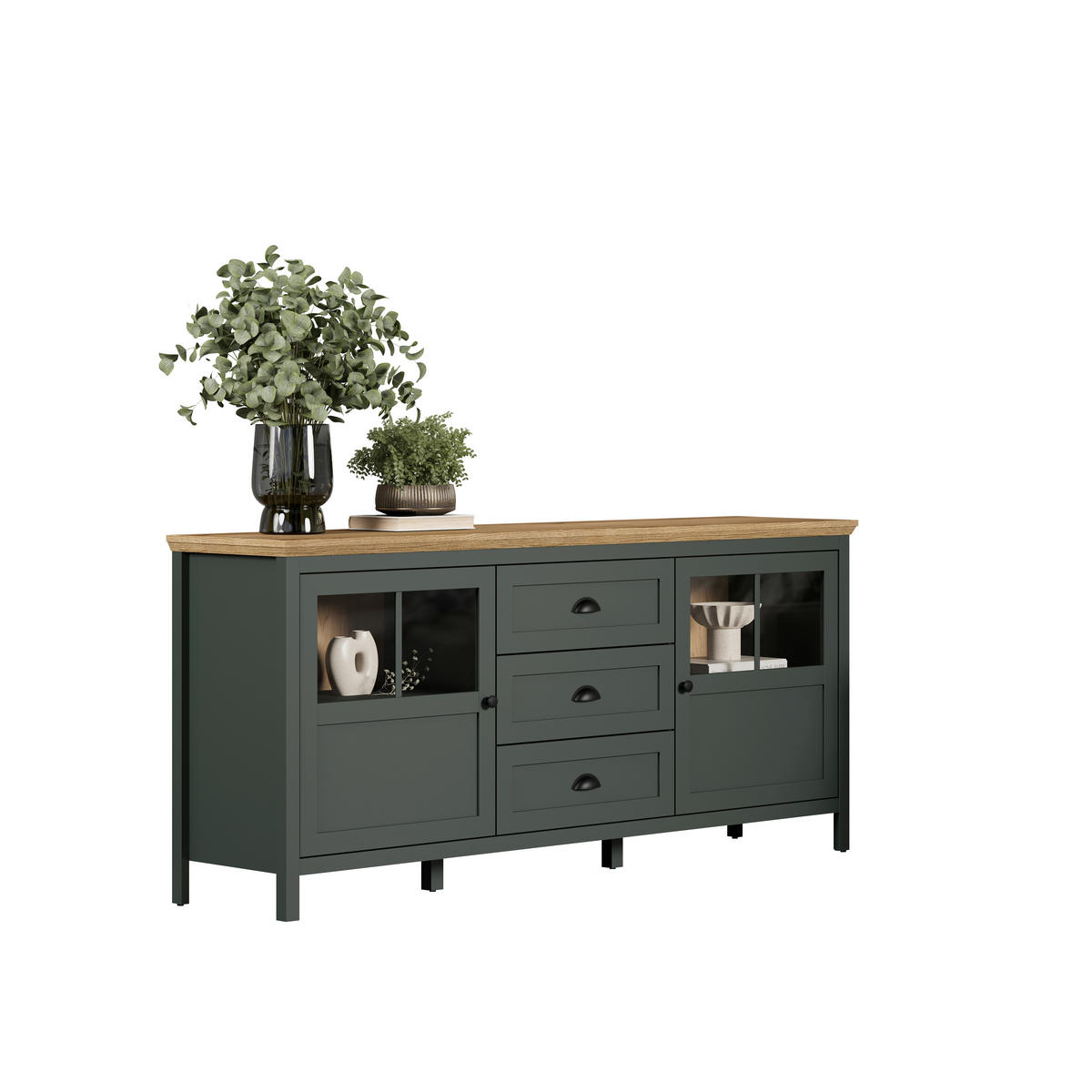 SIDEBOARD STANTON 185/86/45 cm 3 Schublade(n)  - Waldgrün/Schwarz, Design, Glas/Holzwerkstoff (185/86/45cm) - MID.YOU