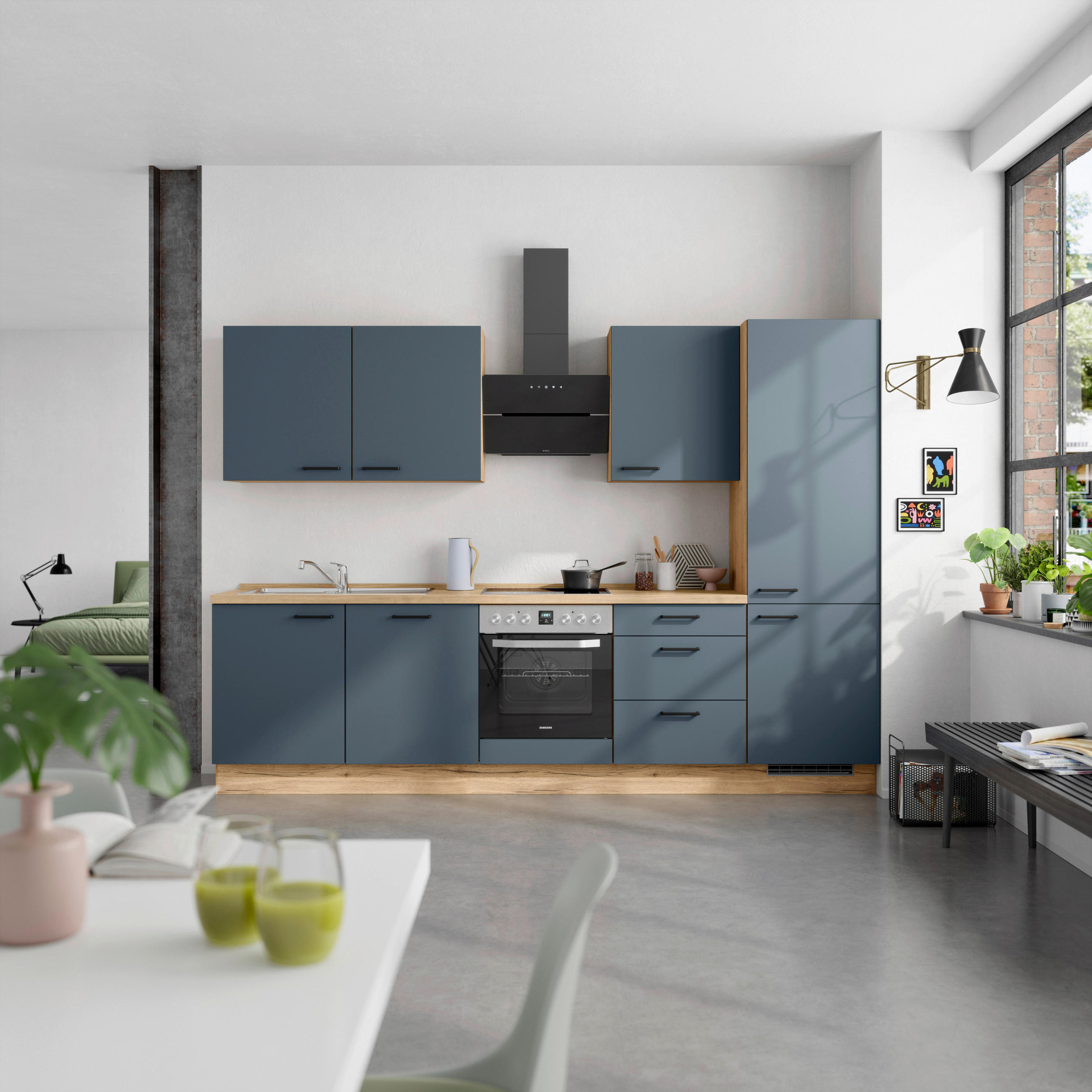 KÜCHENBLOCK 300 cm   in Eichefarben, Dunkelblau  - Eichefarben/Schwarz, MODERN, Holzwerkstoff/Metall (300cm) - Nobilia