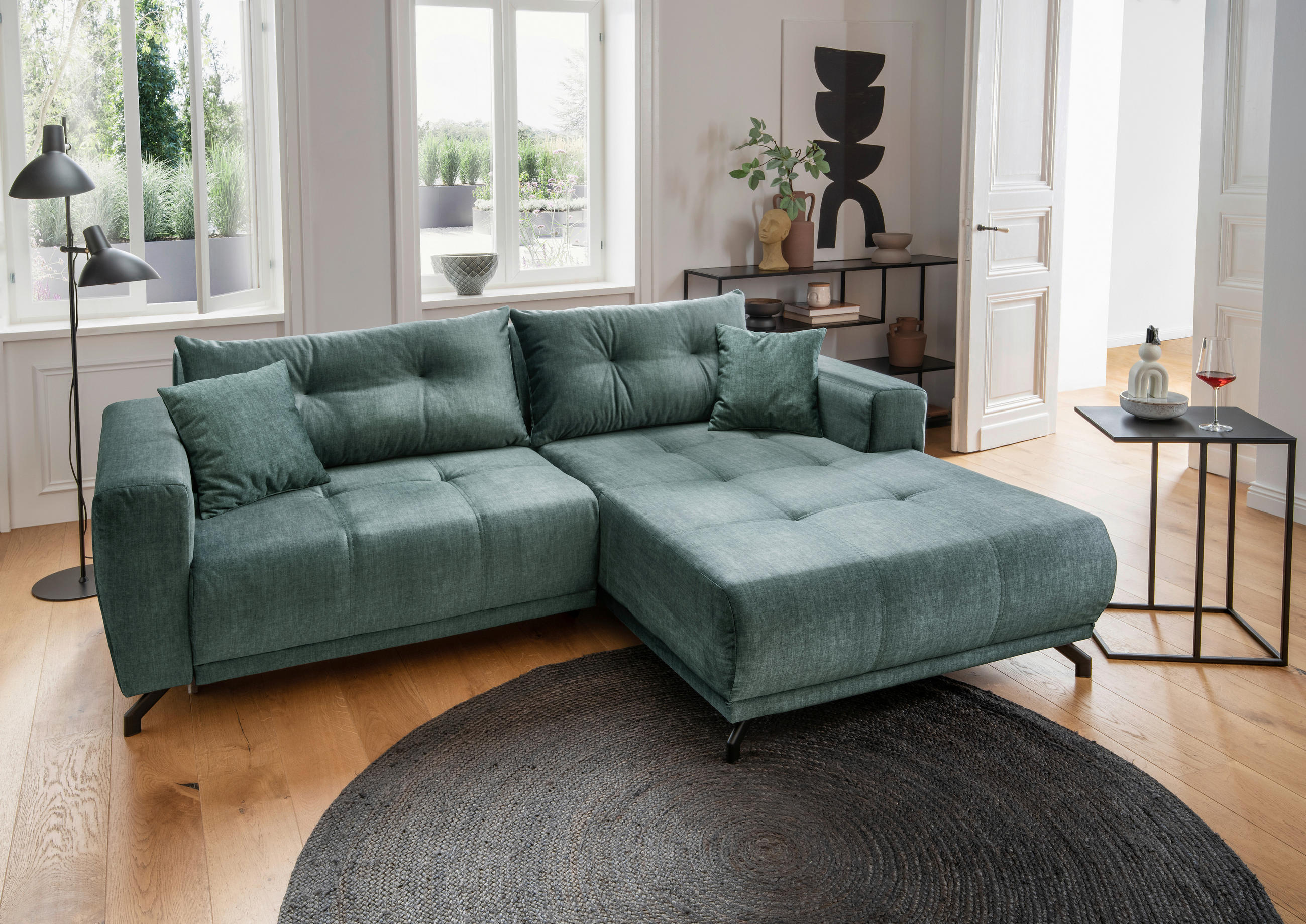 ECKSOFA in Velours Blau  - Blau/Schwarz, Modern, Textil/Metall (246/177cm) - MID.YOU
