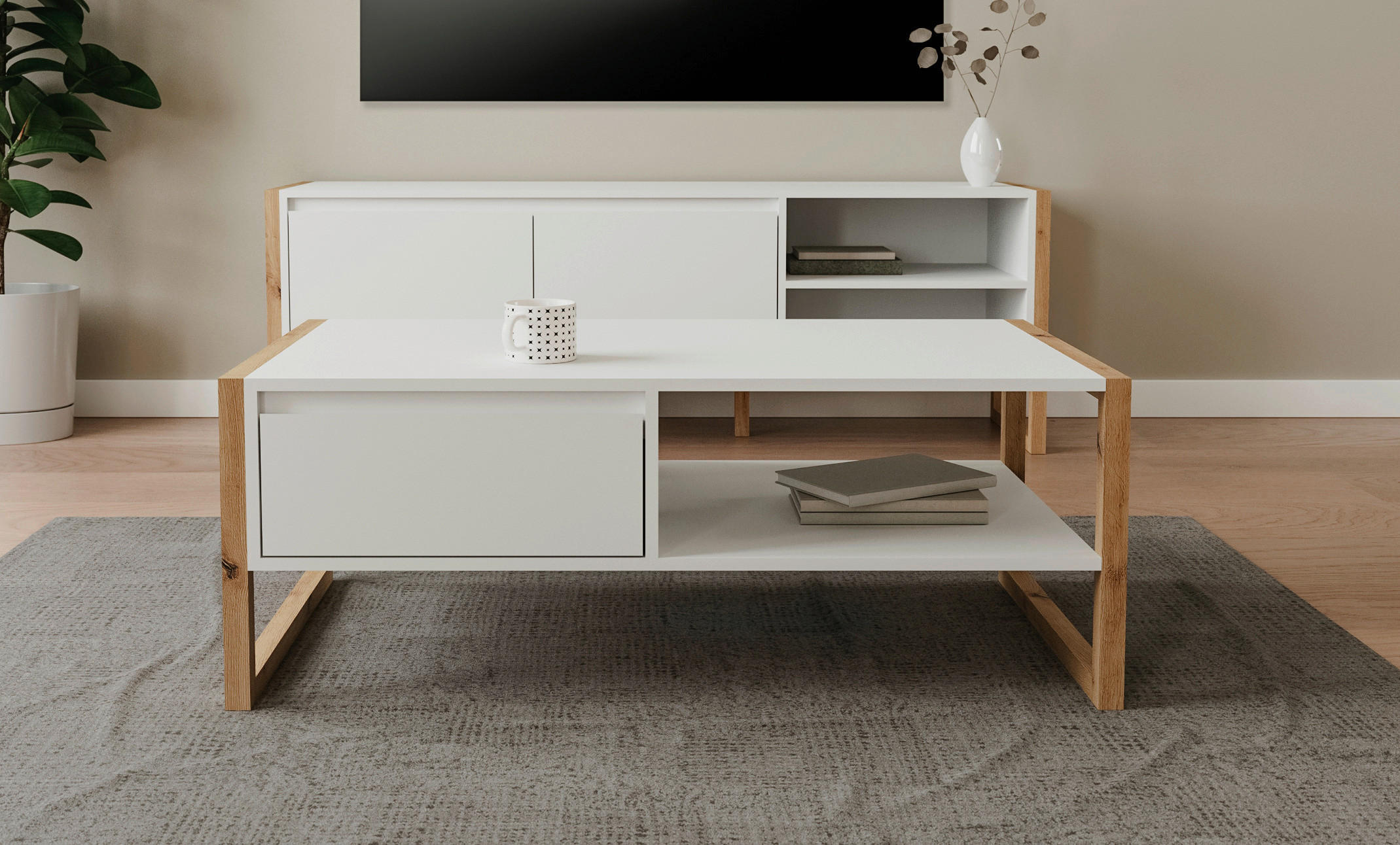 Thumbnail - Mid.you Couchtisch, Weiß, Eiche Artisan, Holzwerkstoff, 1 Schublade(n) Schubladen, rechteckig, U-Form, 40x55x100 cm, off...