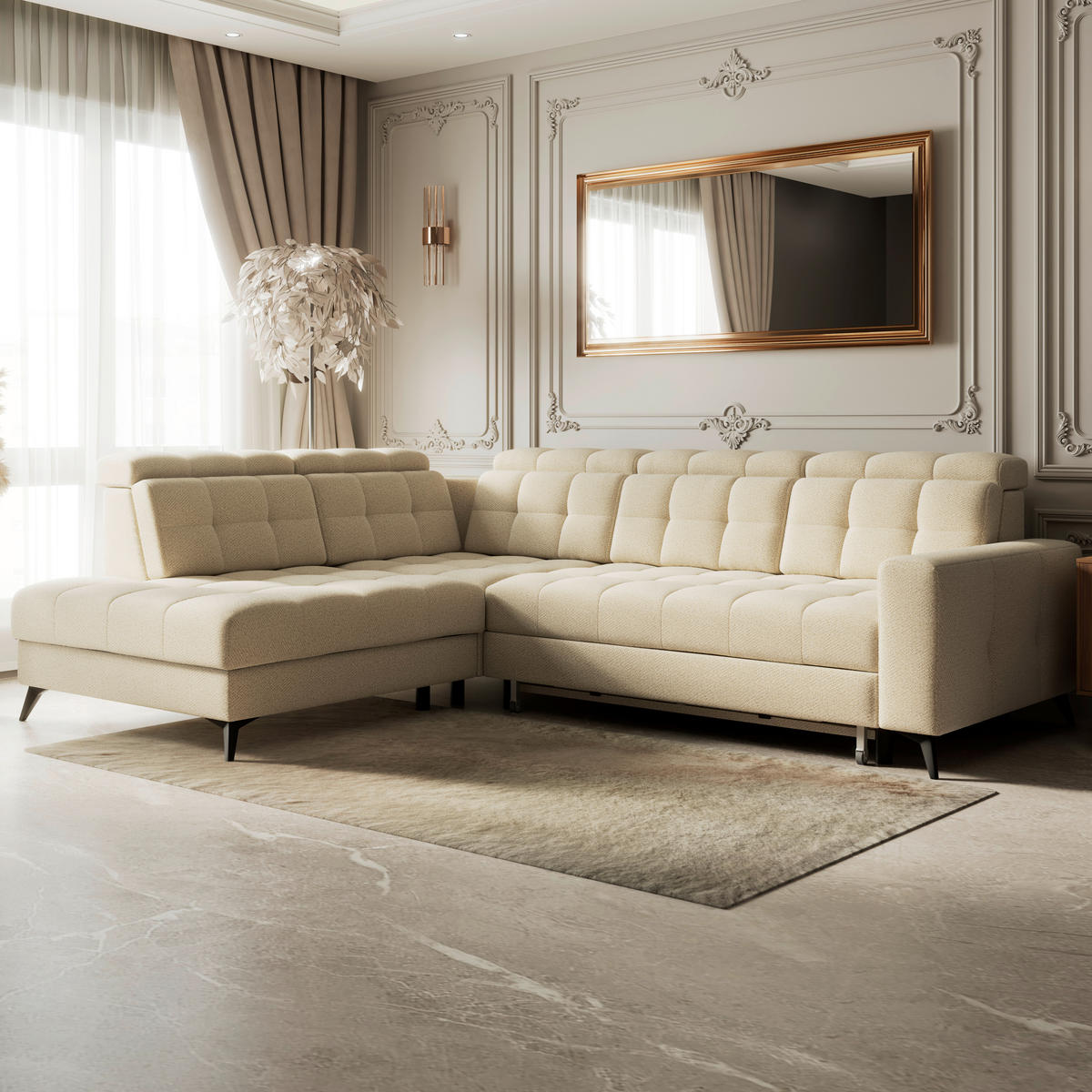 ECKSOFA BARLETTA NEW Beige Velours Bettkasten, Kopfteilverstellung, Sitztiefenverstellung, Liegefläche im Originalstoff  - Beige/Schwarz, ROMANTIK / LANDHAUS, Textil/Metall (228/289cm) - MID.YOU