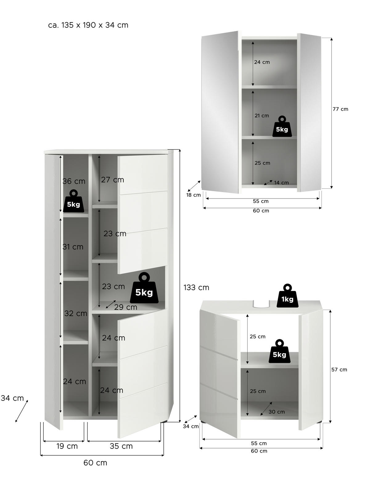 BADEZIMMER 3-teilig  in 120 cm  - Weiß Hochglanz/Schwarz, MODERN, Holzwerkstoff/Kunststoff (120cm) - MID.YOU