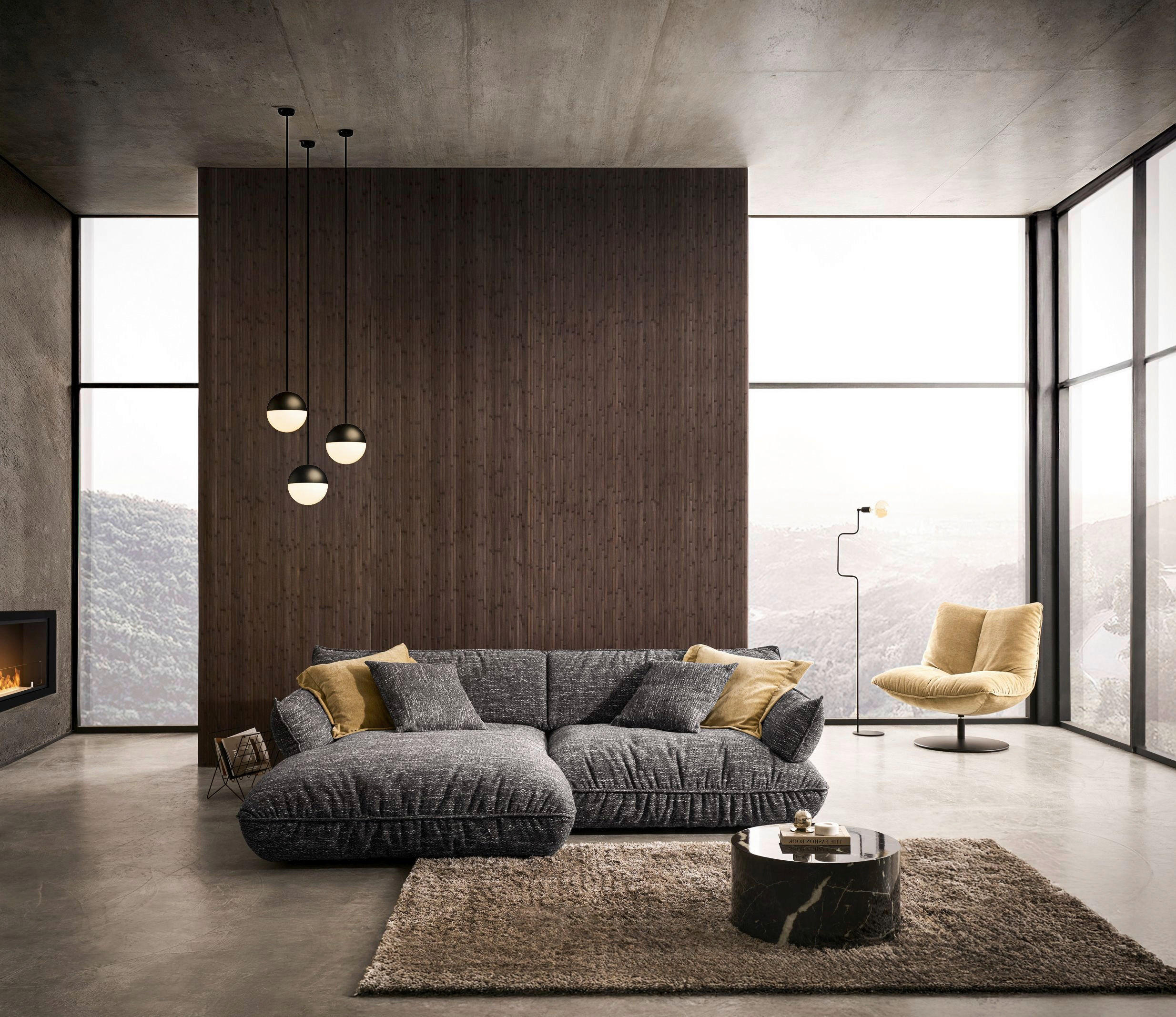 ECKSOFA Graubraun Flachgewebe  - Graubraun/Schwarz, Design, Kunststoff/Textil (185/264cm) - Emilio Belluti