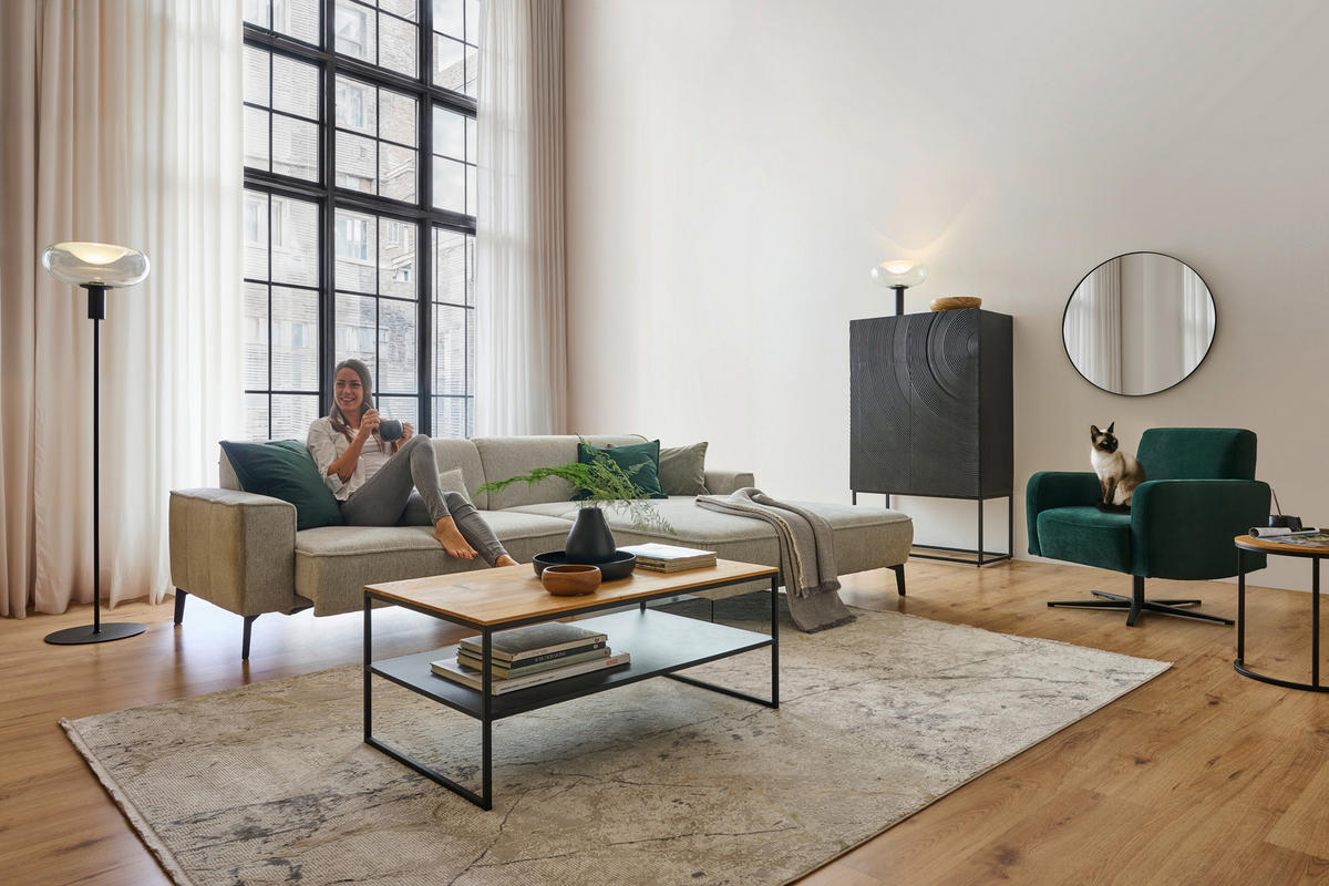 ECKSOFA in Flachgewebe Hellgrau  - Hellgrau/Schwarz, Design, Textil/Metall (285/190cm) - Johann Jakob