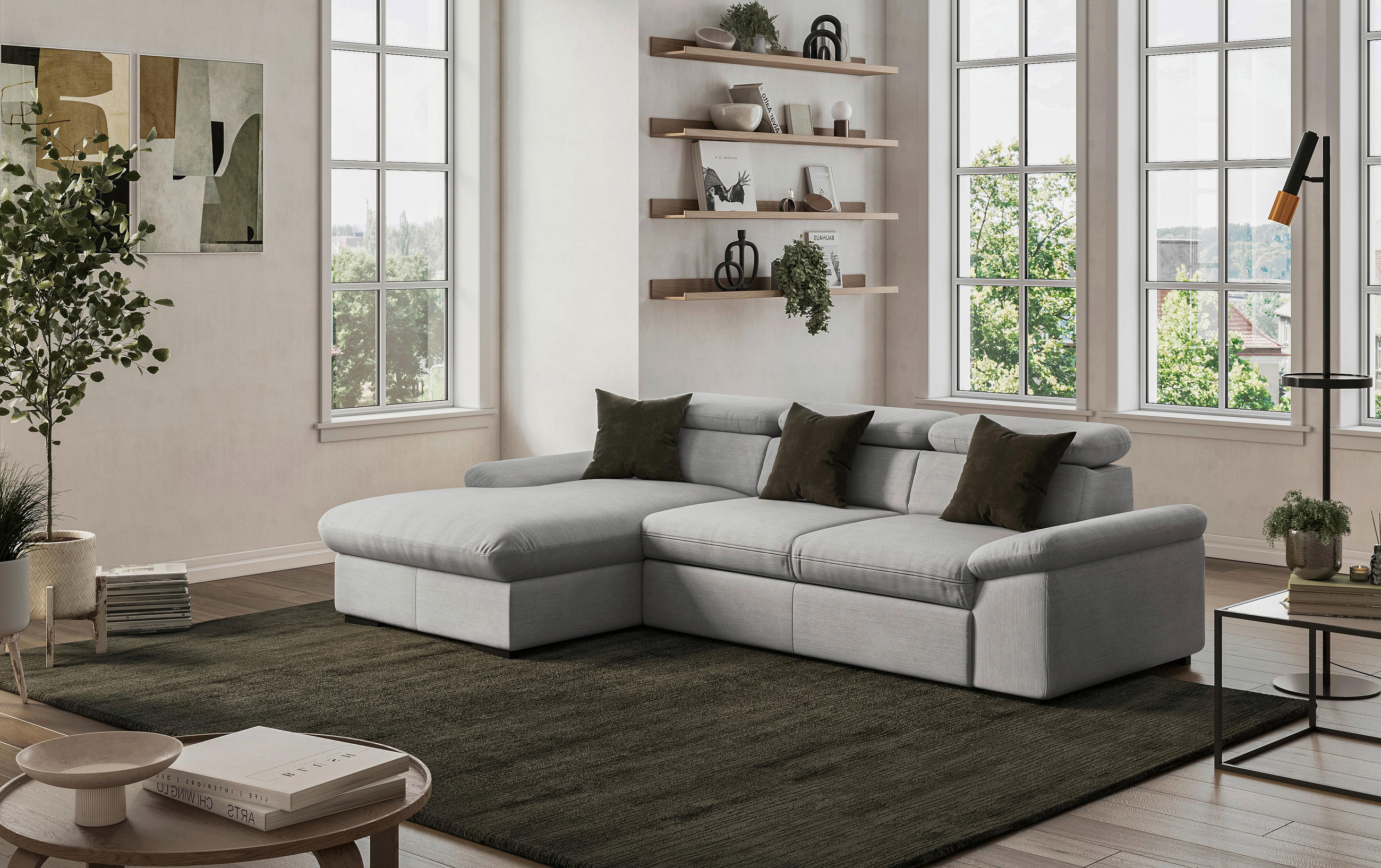 ECKSOFA Hellgrau Flachgewebe  - Hellgrau/Schwarz, Design, Kunststoff/Textil (165/250cm) - Livetastic