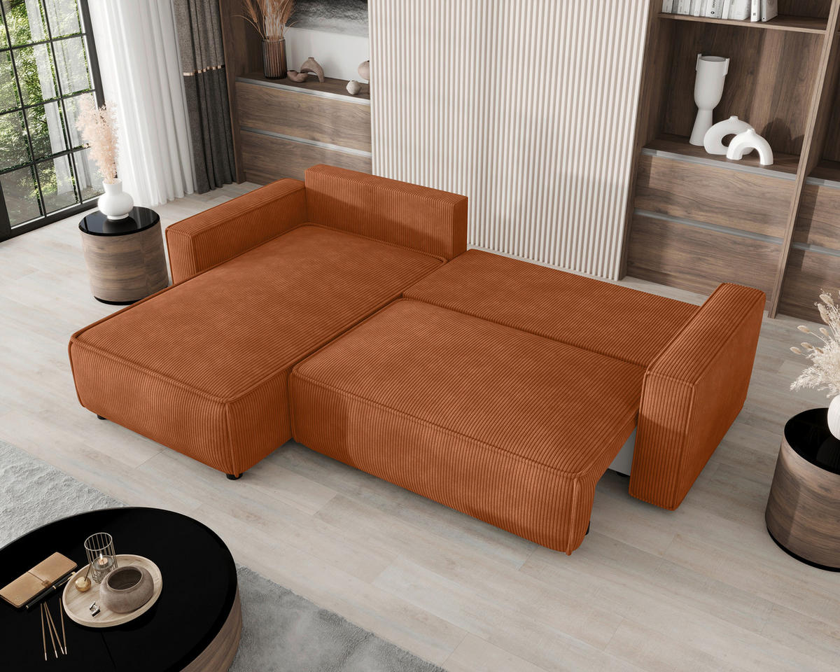 ECKSOFA Rostfarben Cord Zierkissen, Rückenkissen, Bettkasten, Schlaffunktion, Rücken echt, Liegefläche im Originalstoff  - Rostfarben/Schwarz, MODERN, Kunststoff/Textil (190/280cm) - Carryhome